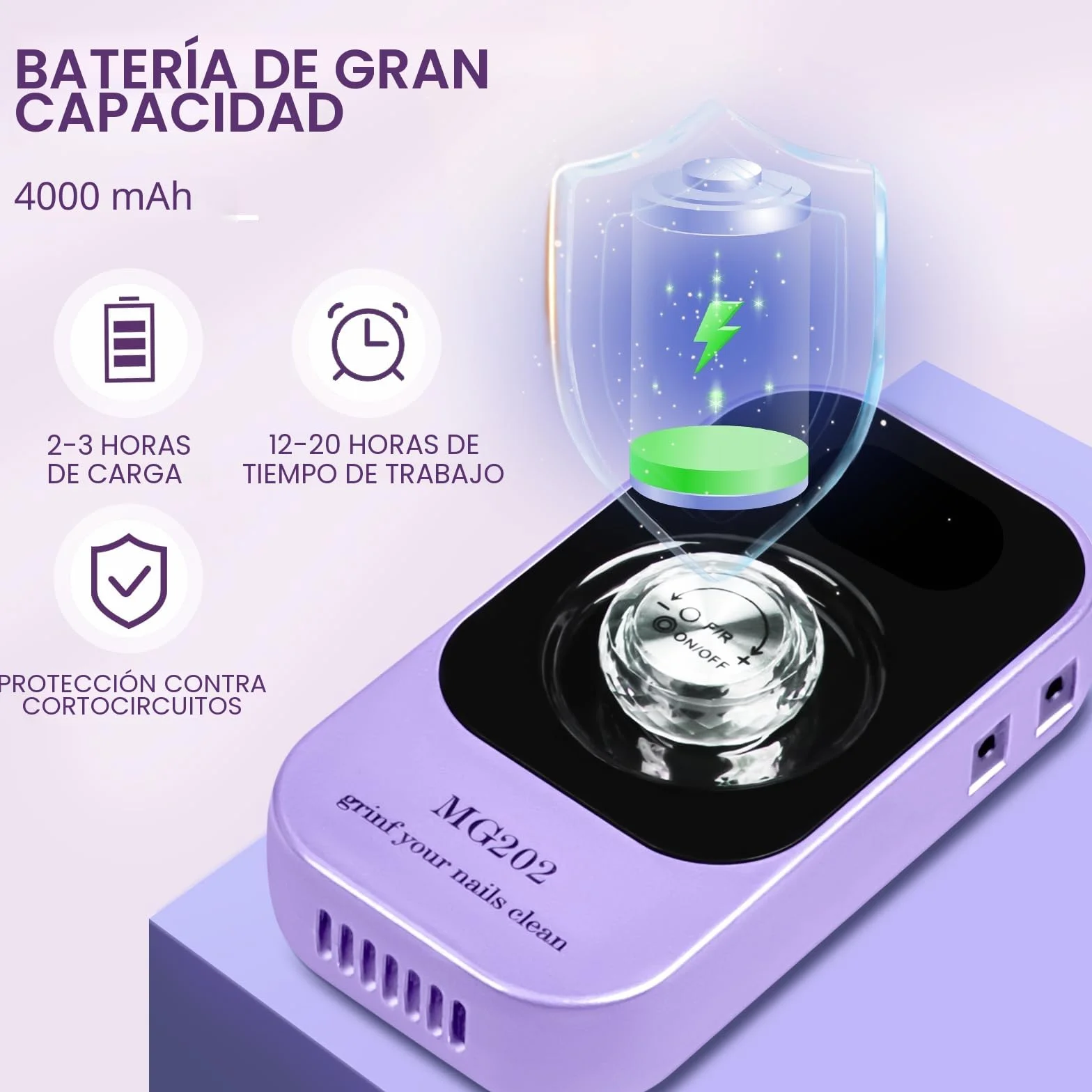 Taladro de uñas profesional 40000 RPM, Urbuti 12 en 1 Lima de uñas eléctrica 4000 mAh con pantalla LCD, velocidad ajustable, silencioso, taladro de manicura portátil para salón/hogar (púrpura)