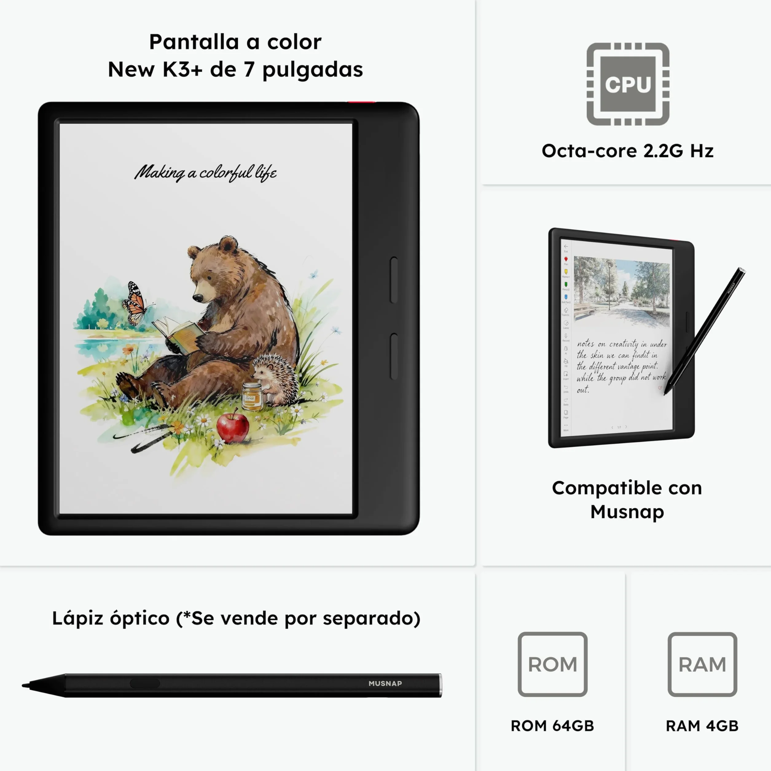 Ocean C Lector de libros electrónicos a color 64 GB 4 GB 7 pulgadas tableta de papel de tinta electrónica