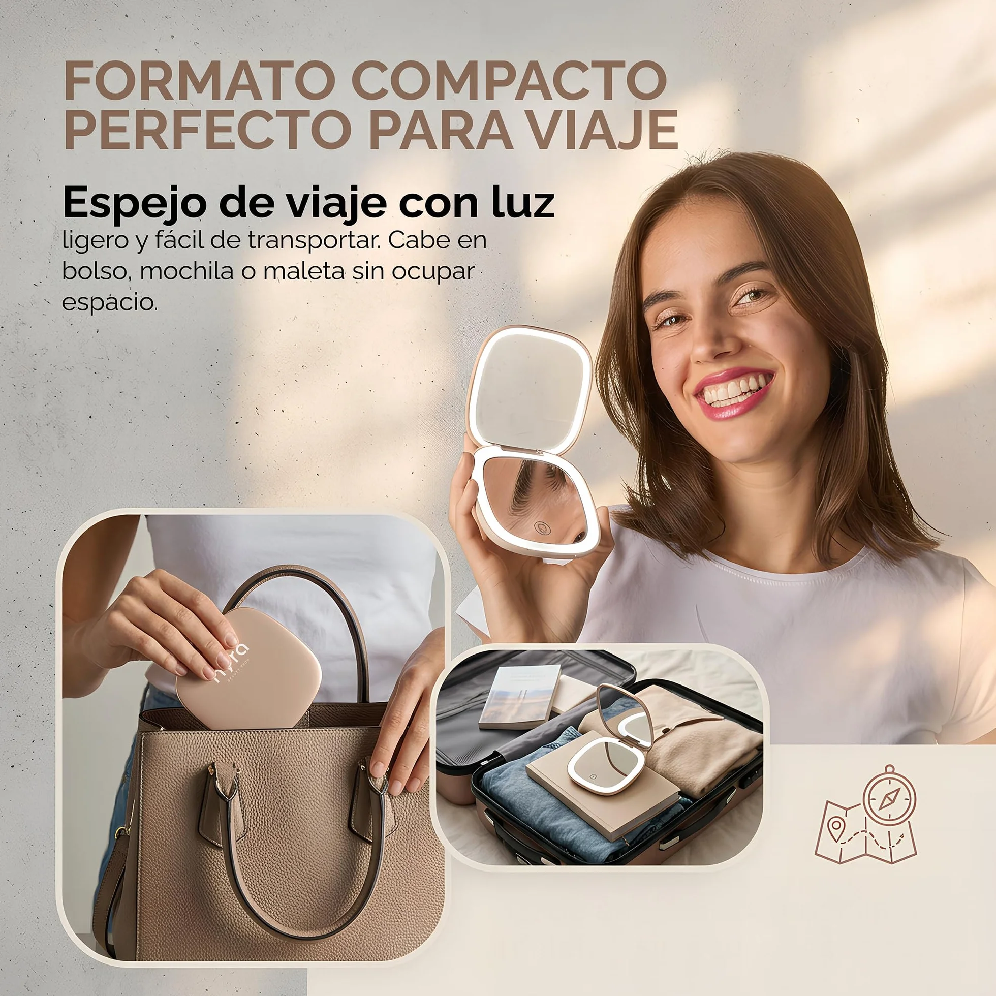 Nyra Espejo LED de Viaje Recargable 3 Modos de Luz Brillo Regulable Aumento x1 x3 Batería 400mAh Carga Tipo C
