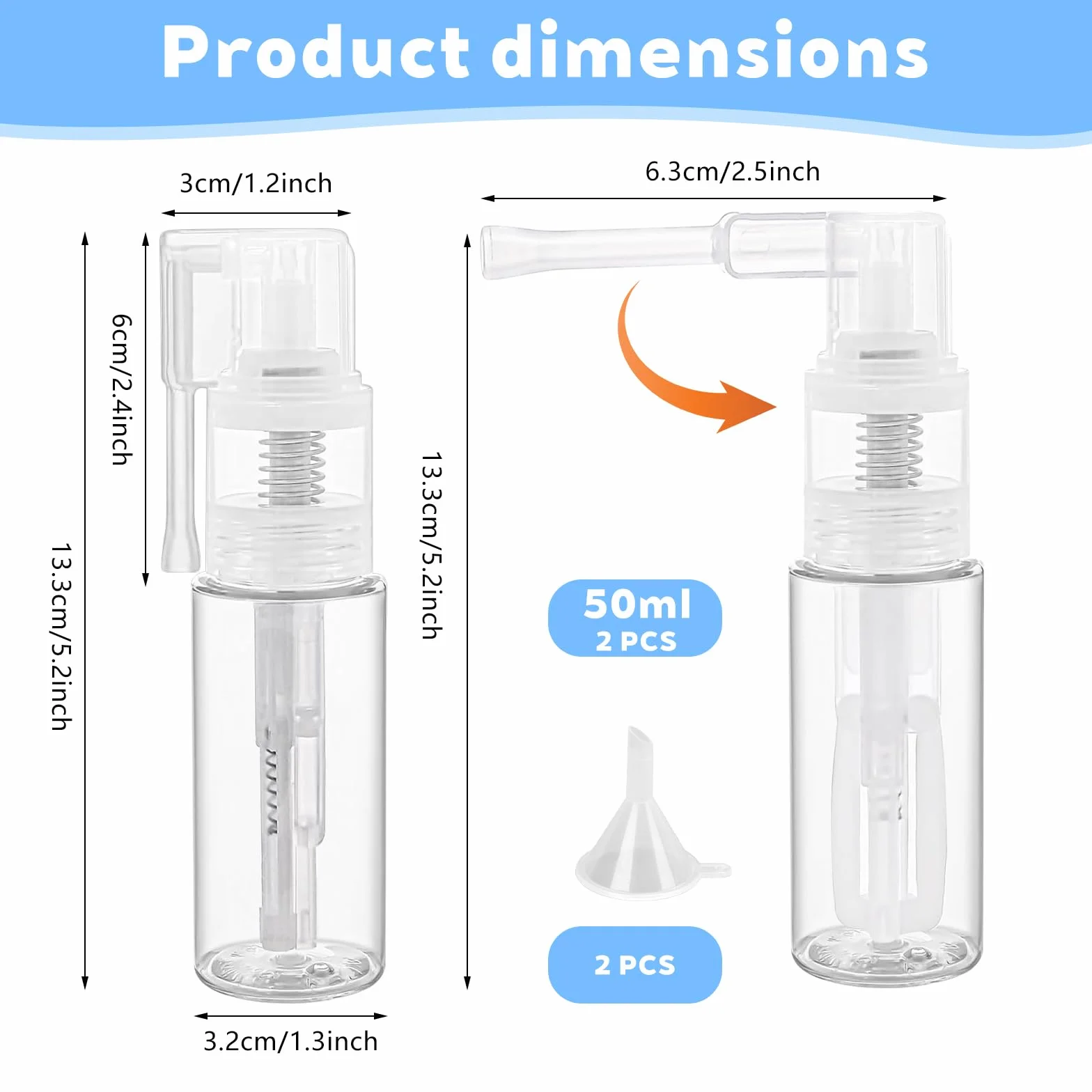 Pulverizadores de polvo con purpurina 50 ml, botella transparente con 2 embudos