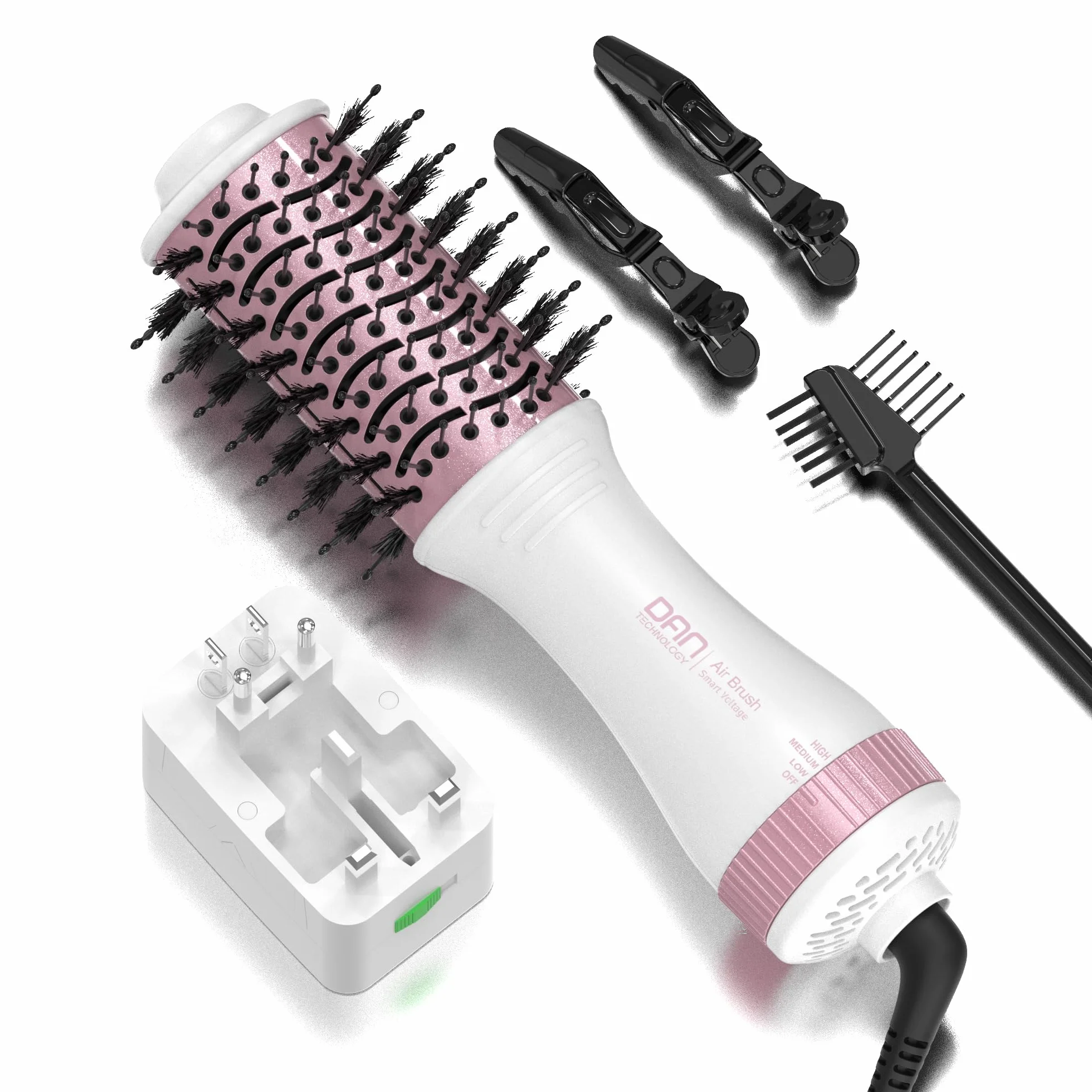DAN - Cepillo secador de pelo de doble voltaje (100 V-240 V), cepillo secador de pelo de viaje con adaptador de enchufe multifunción, cepillo secador de un paso y voluminizador estilizador