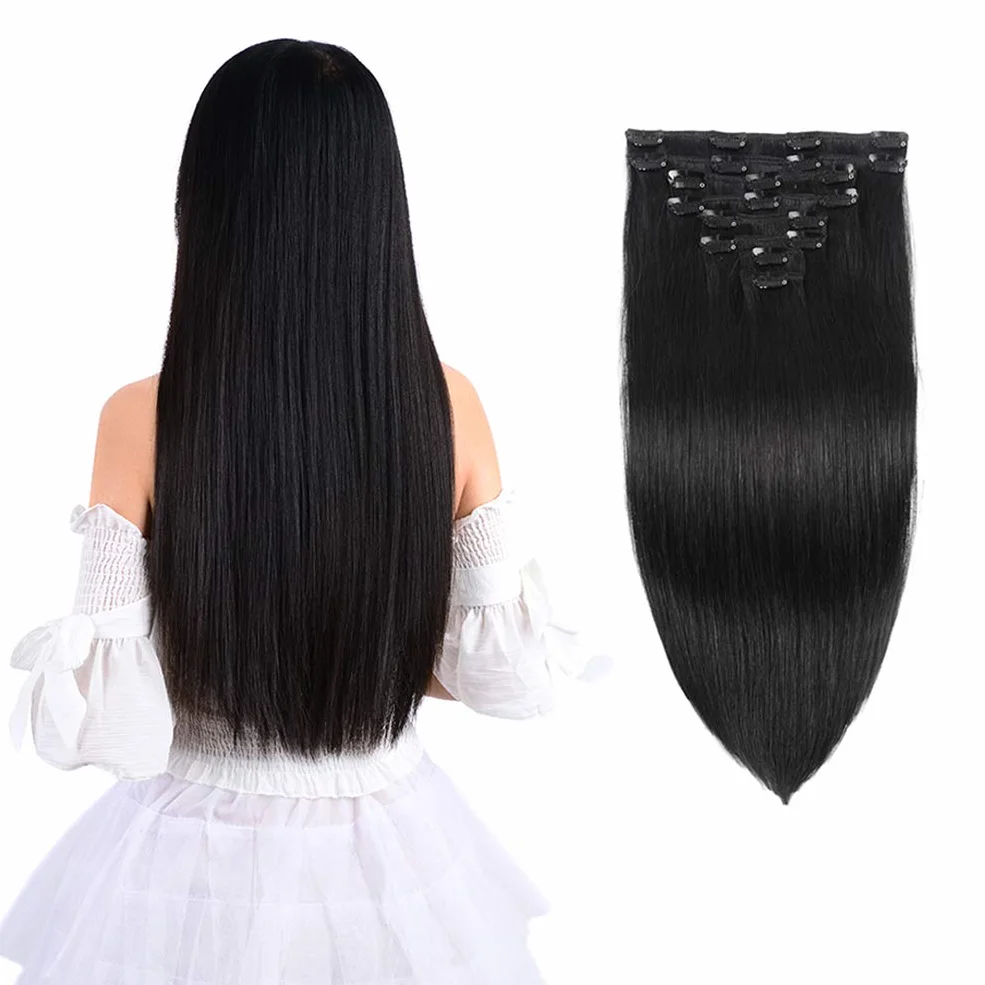 Extensiones de cabello humano Remy de 14 pulgadas con clip, color negro para mujer, corto, sedoso, recto, 8 piezas, 20 clips, extensiones de cabello humano real (14 pulgadas, 100 g, negro natural #1B)
