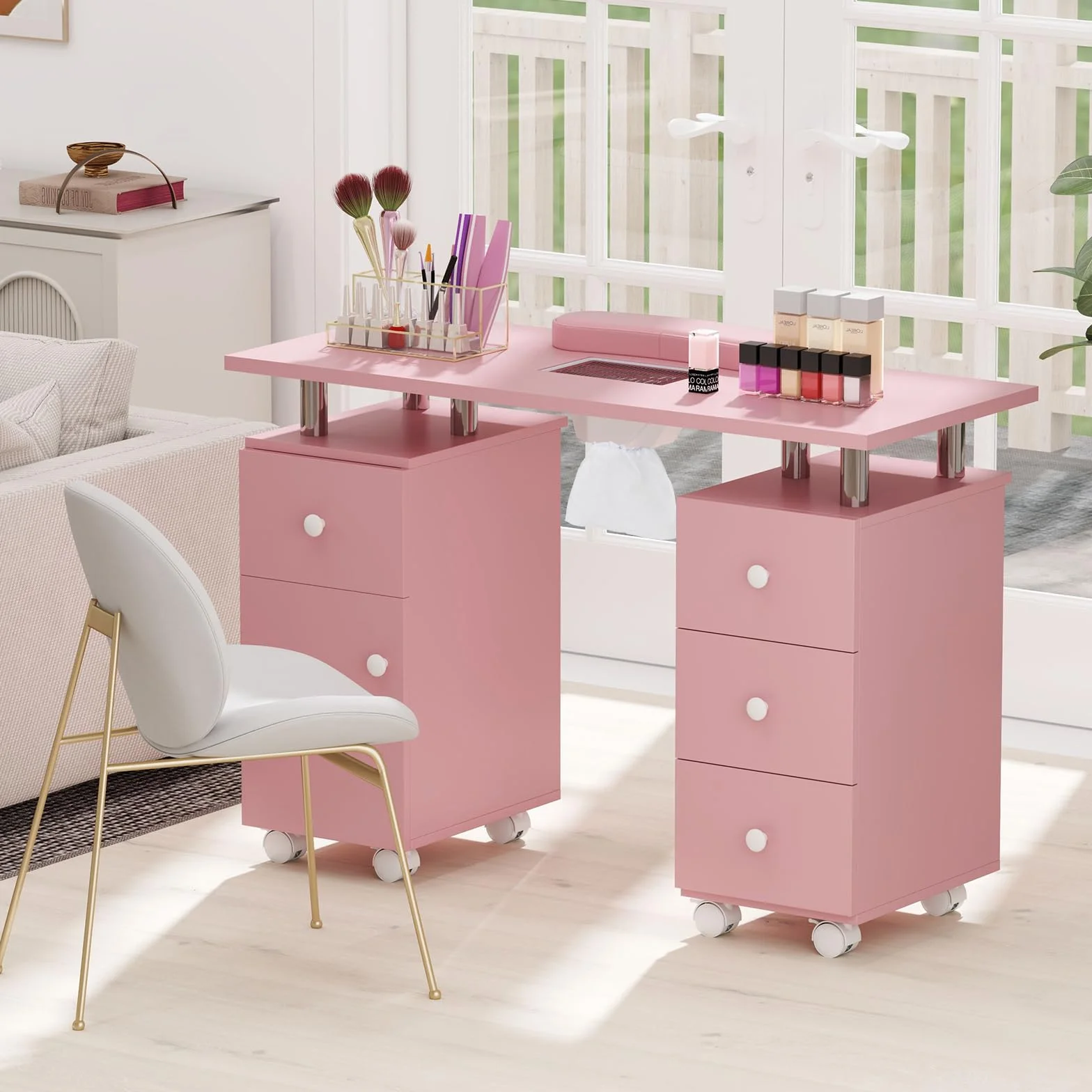 COSTWAY Mesa de Manicura con Aspirador Eléctrico, 3 Bolsas para Polvo, Reposamuñecas, 6 Cajones, Mesa para Uñas con 8 Ruedas, Mesa Manicura Profesional para Salones de Belleza, 108x45x76 cm (Rosa)