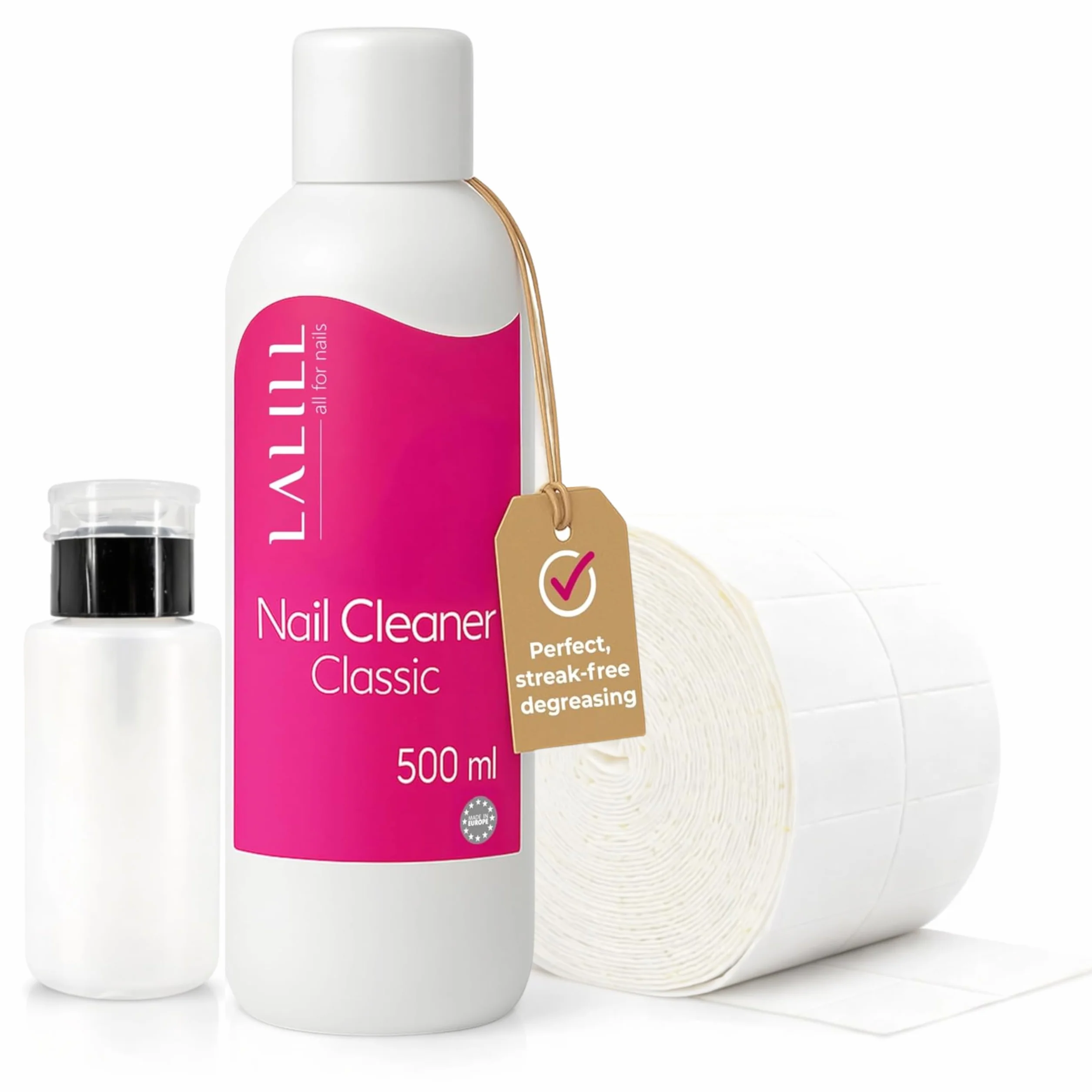 LALILL Cleaner de Uñas 500ml con Dosificador y 500 Almohadillas - Limpiador para Uñas de Gel y Semipermanente - Botella con Bomba 200ml - Algodón sin Pelusa