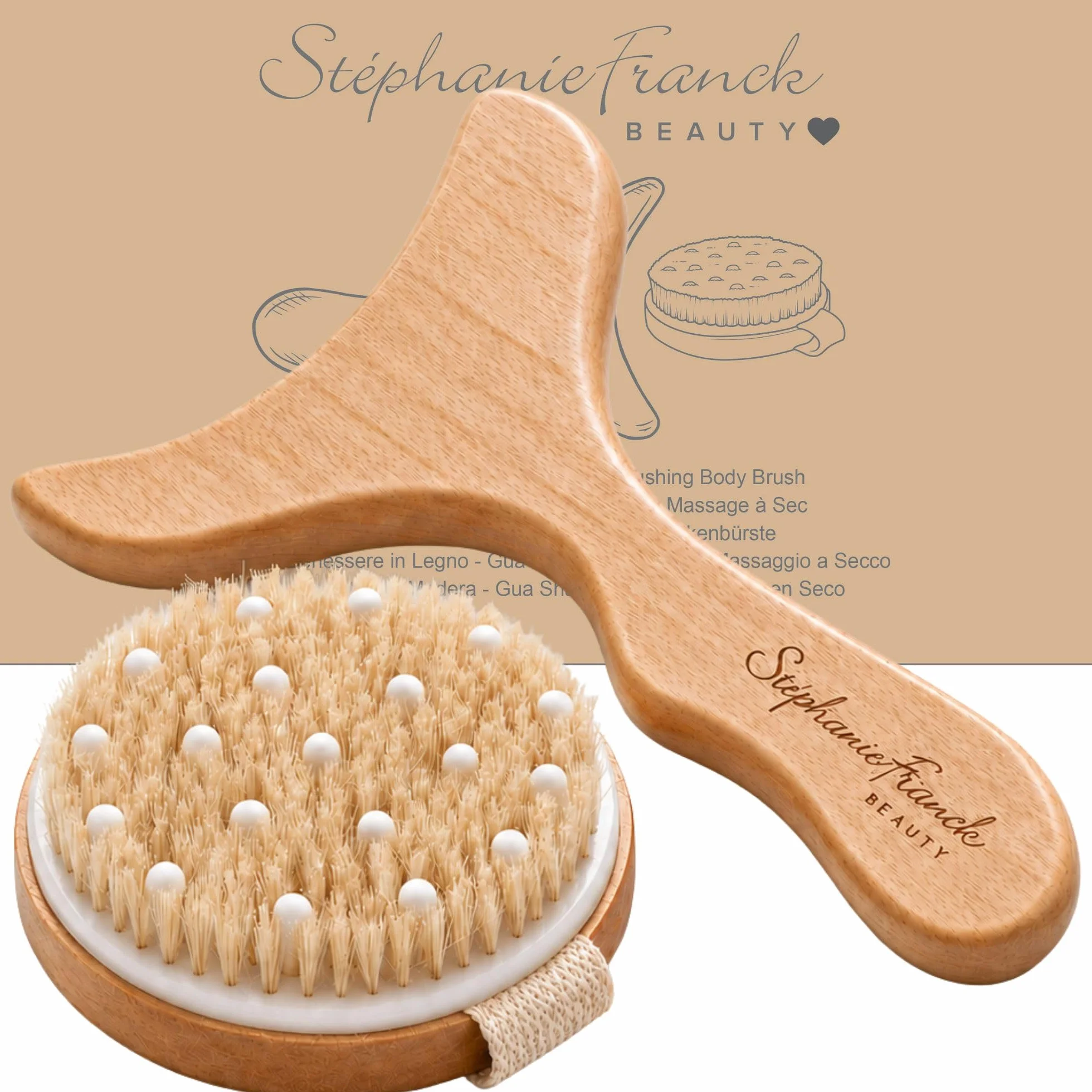 Stéphanie Franck Beauty Set Maderoterapia Cuerpo – Gua Sha Corporal de Madera y Cepillo en Seco – Masaje para Piernas, Muslos, Abdomen y Caderas