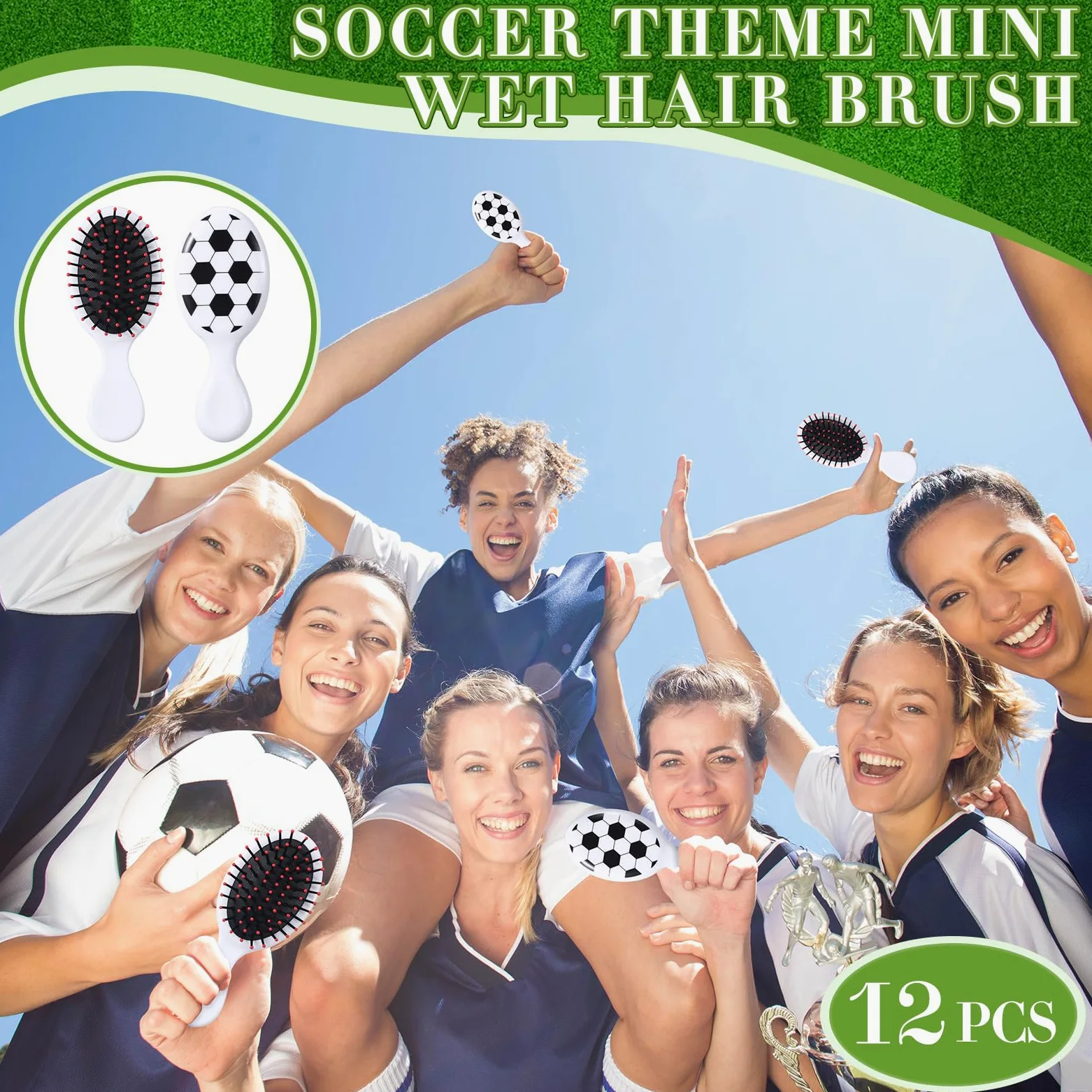 SiliFine 12 mini cepillos de pelo de viaje para deportes de fútbol, mini cepillo desenredante de fútbol, cepillo de pelo pequeño, cerdas de fútbol, cepillo desenredante de plástico para regalo de