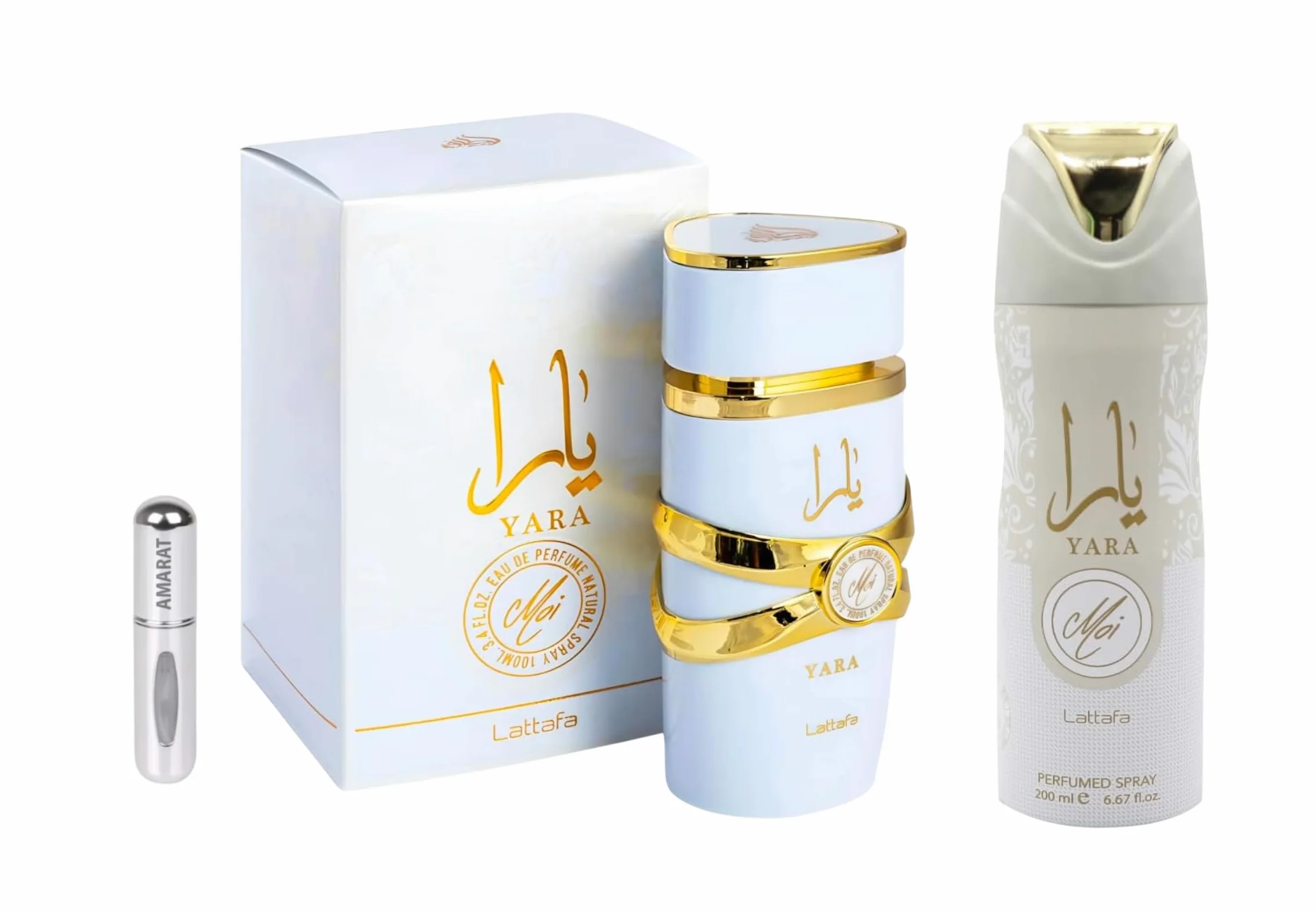 Lattafa Yara Moi Pack Perfume Árabe 100ml con Desodorante 200ml, Atomizador | Pack Árabe Lattafa de Larga Duración Incluye Eau de Parfum Yara Blanco 100ml con Desodorante 200ml y Atomizador Recargable