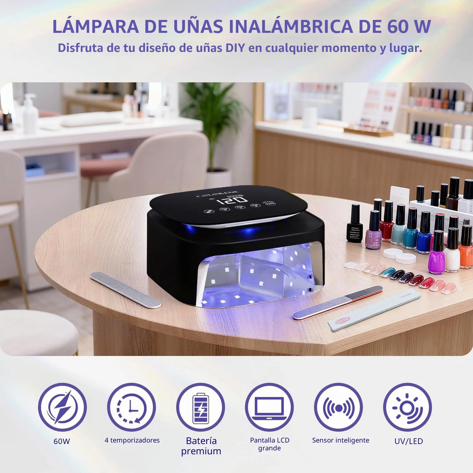 ‌Lámparas UV LED inalámbricas BETE 60W - Secador de esmalte gel recargable con sensor automático, 30 perlas y 4 ajustes de temporizador portátil para uso doméstico/salón Negro