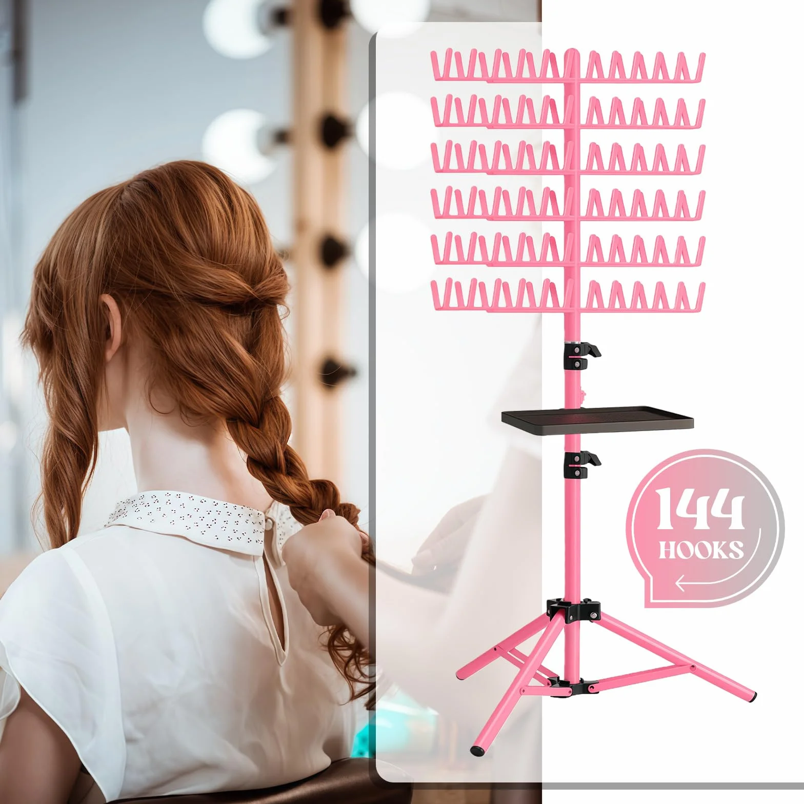 Soporte para extensiones de cabello ajustable y plegable de 144 clavijas con bandeja y pinzas