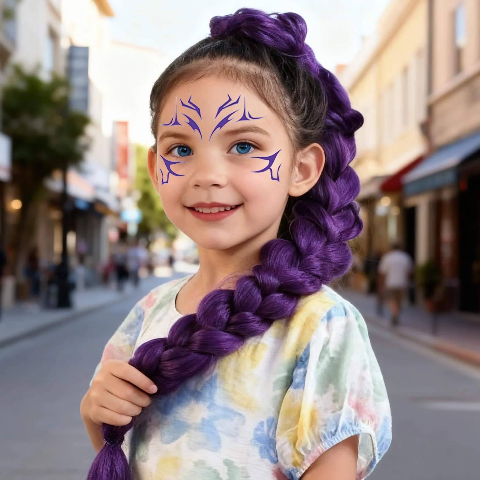 Peluca larga morada cosplay niños juego 10 piezas pulsera trenzada tatuajes carnaval