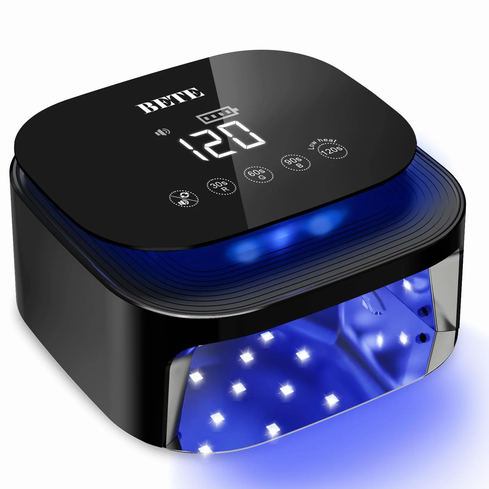 ‌Lámparas UV LED inalámbricas BETE 60W - Secador de esmalte gel recargable con sensor automático, 30 perlas y 4 ajustes de temporizador portátil para uso doméstico/salón Negro