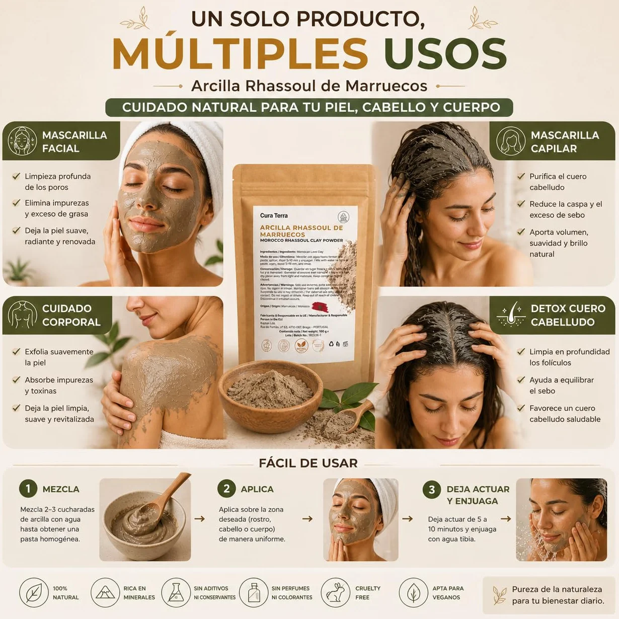 Arcilla Rhassoul Ghassoul de Marruecos 100% Pura – Polvo de Arcilla Volcánica Natural para Rostro, Cabello y Cuerpo – 100 g