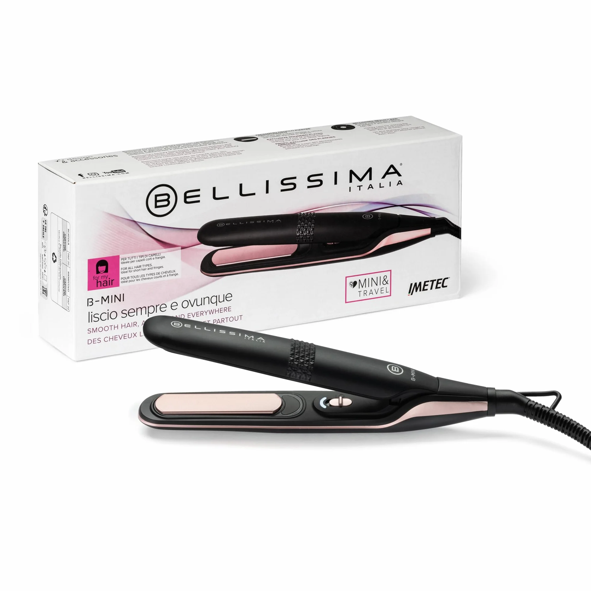 Bellissima Plancha Mini de Pelo Compacta, Revestimiento Cerámico, 200°C, Multivoltaje Automático