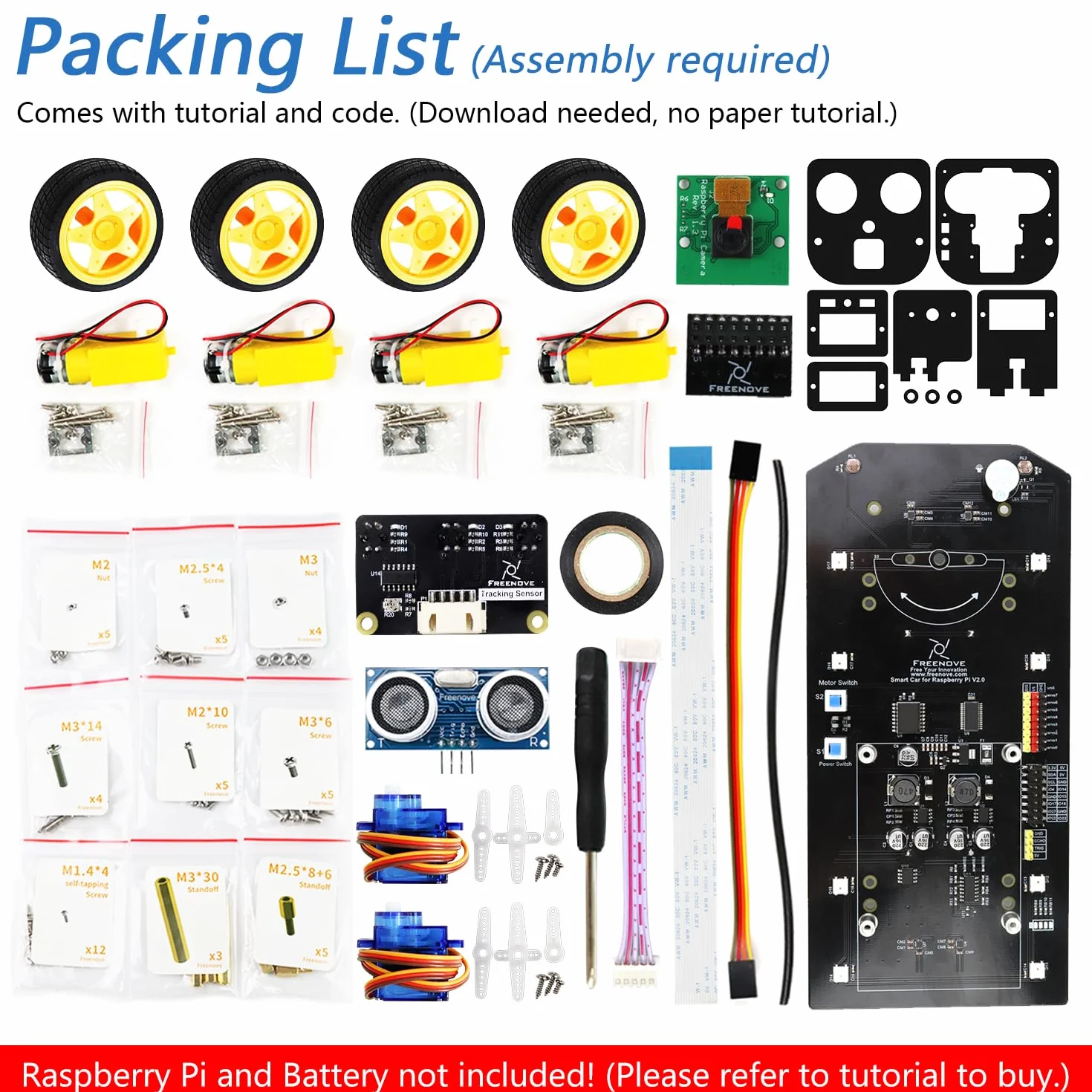 Freenove 4WD Smart Car Kit for Raspberry Pi 5 4 B 3 B+ Zero 2 W Face Tracking Obstacle Avoidance App Control Camera Servo
