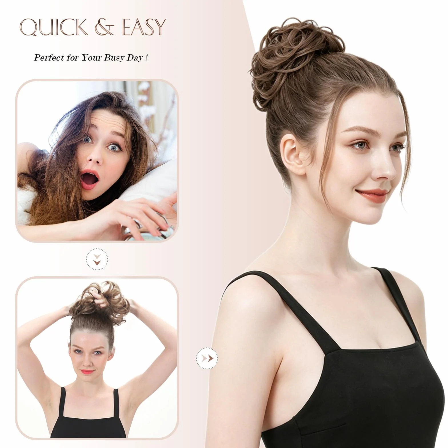 FESHFEN Moños Postizos Pelo Natural Rizado Ondulado Castaño Ceniza Claro Mezcla Castaño Dorado 42 g