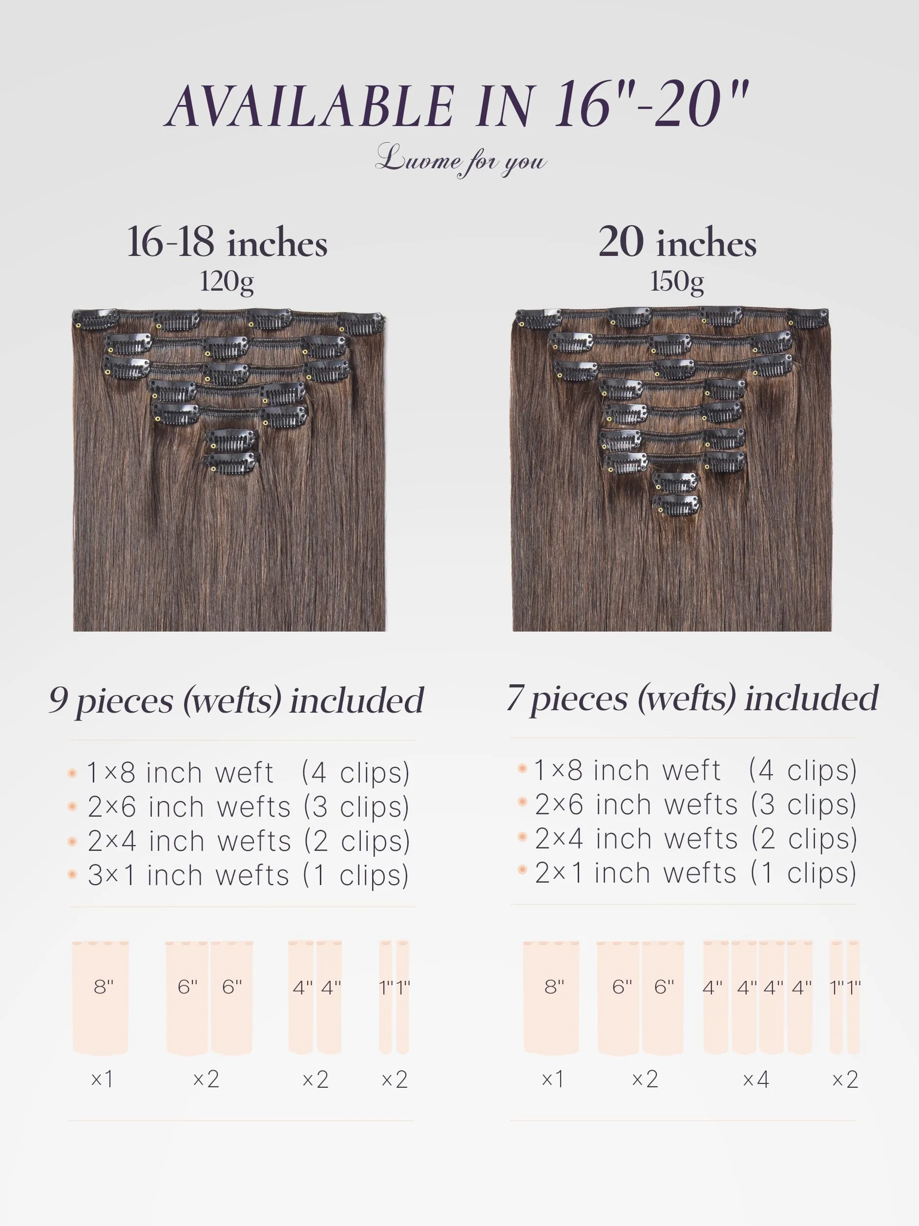 LUVME Extensiones de cabello humano hechas a mano con clip, 18 pulgadas, 120 g, 7 unidades, color marrón moca, lacio, doble trama, sin costuras, para una cobertura completa