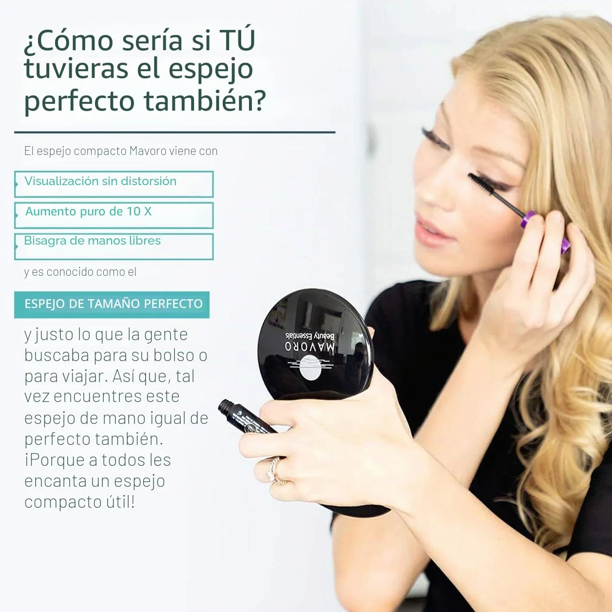 Espejo Compacto con Aumento 1X/10X Doble Cara para Maquillaje de Bolsillo Pequeño (Negro)