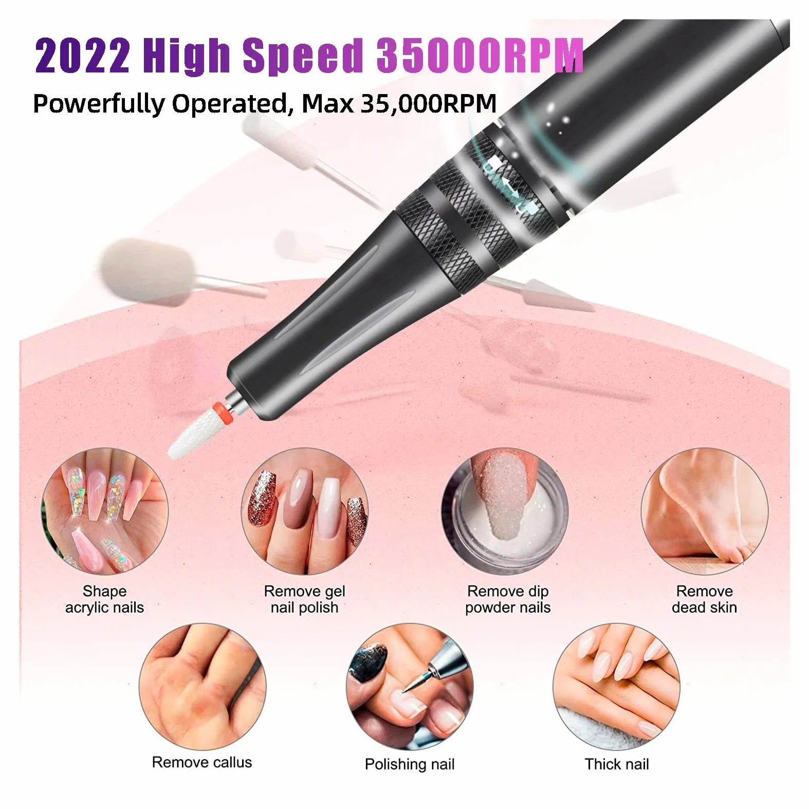 Máquina de manicura 35000 RPM, taladro uñas eléctrico, torno portátil, juego cortador , pulidor en gel, equipo salón ,Baja vibración(101P Pink)