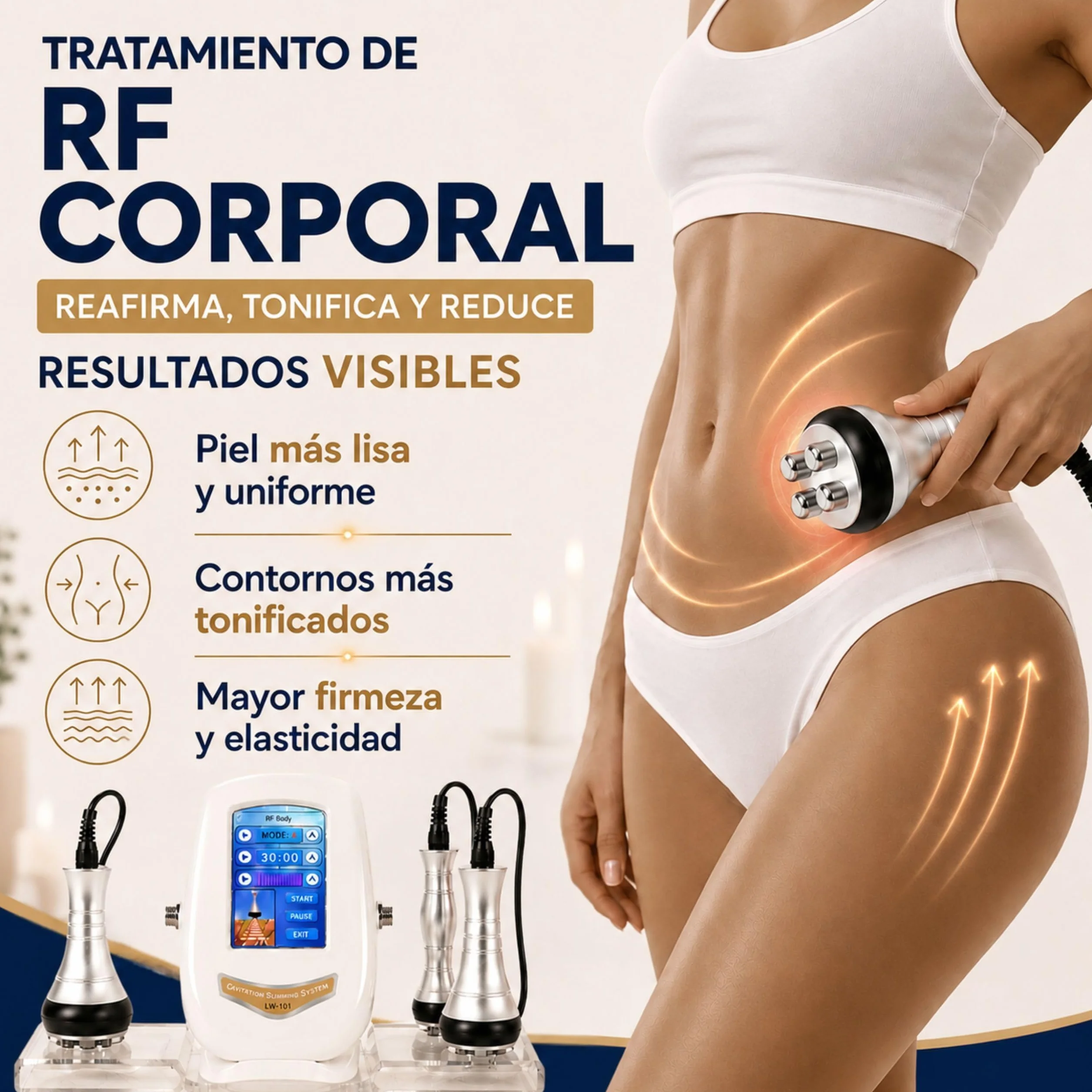 Radiofrecuencia Facial y Corporal 3 en 1 - Aparato de Cavitacion y Masajeador Profesional - Maquina 40 Khz 3 Cabezales