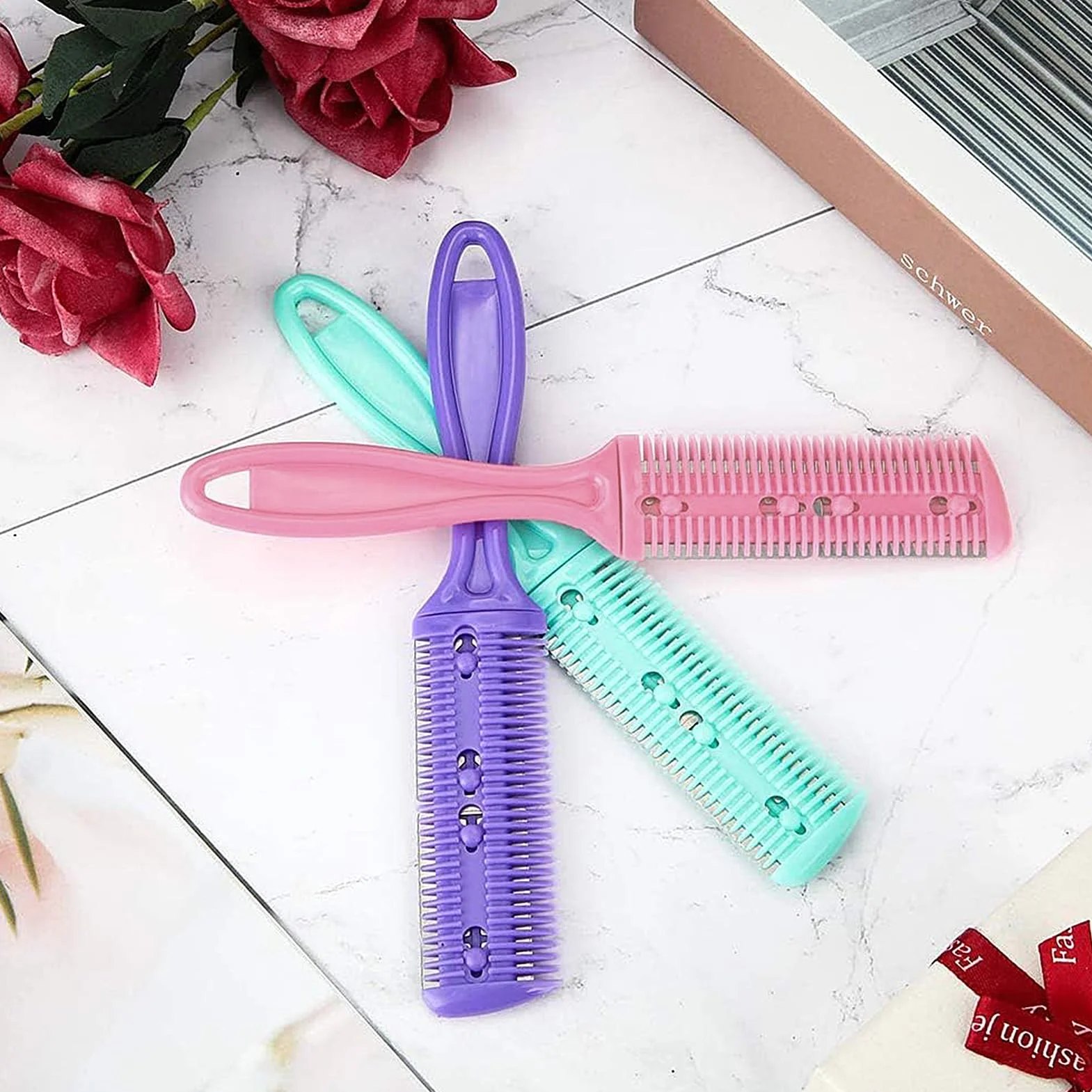 Kit de Peine para Adelgazar el Cabello de 3 Piezas, Cortador de Pelo de Doble Cara con 10 Cuchillas de Acero Inoxidable