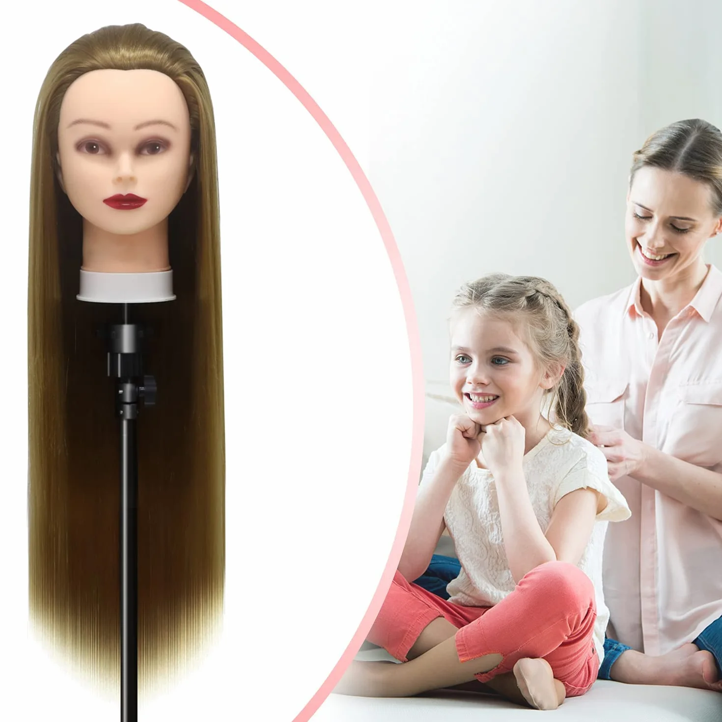 Cabeza Maniquí 28inch Fibra Sintética con Soporte Accesorios Peinado DIY