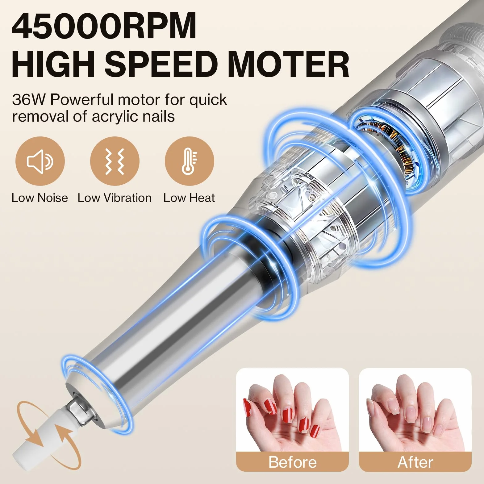Torno para Uñas,Torno para Uñas Profesional 45000 RPM,con 12 Cabezales de Pulido, Pantalla táctil LCD,Perilla de cristal,Lima portátil para uñas acrílicas y de gel (Blanco)