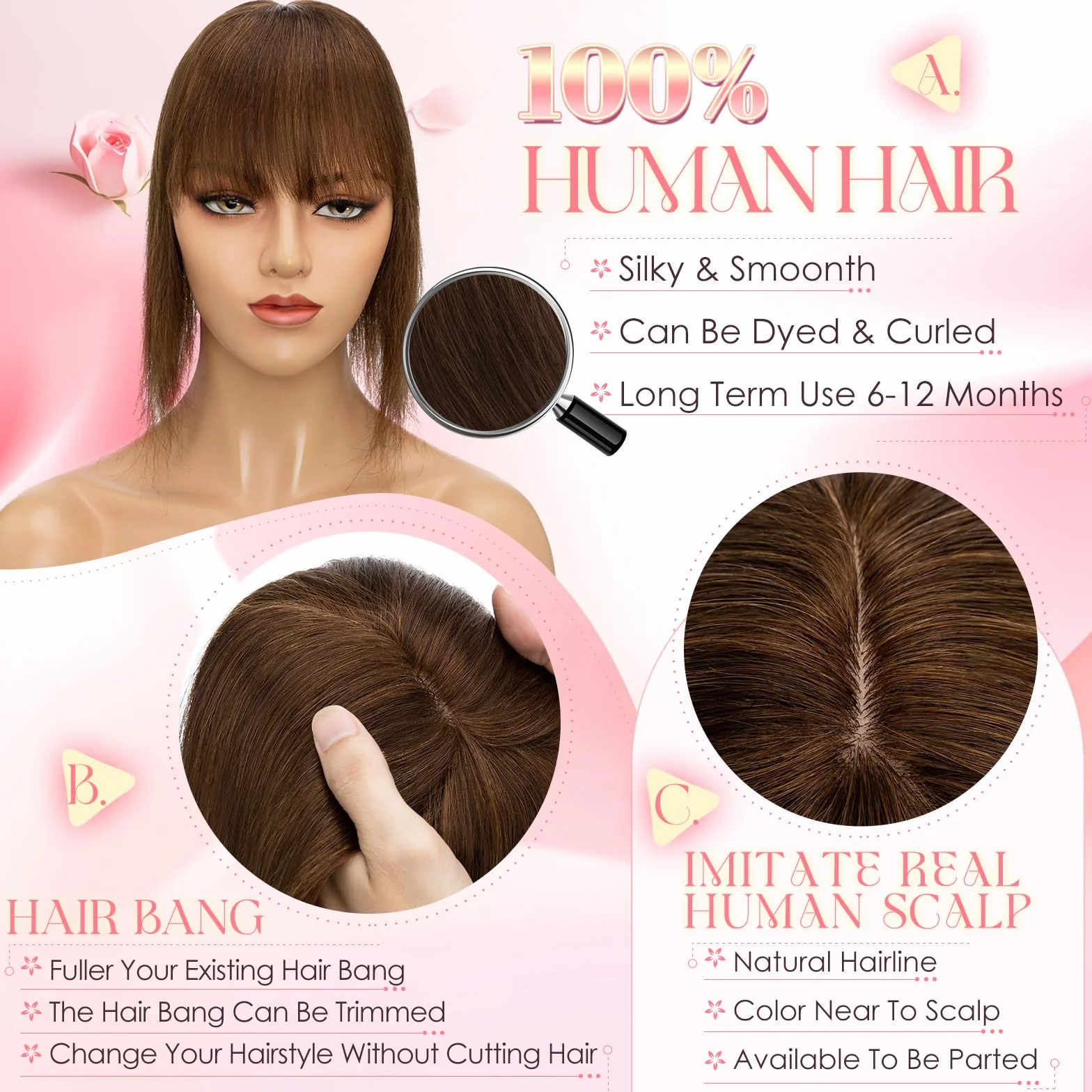 Elailite Flequillo Protesis Capilar Mujer Pelo Natural Clip Postizos Hair Topper Toupee Capilares Encaje Base 7cm*13cm Cabello Humano 45cm 53g #04 Castaño Medio
