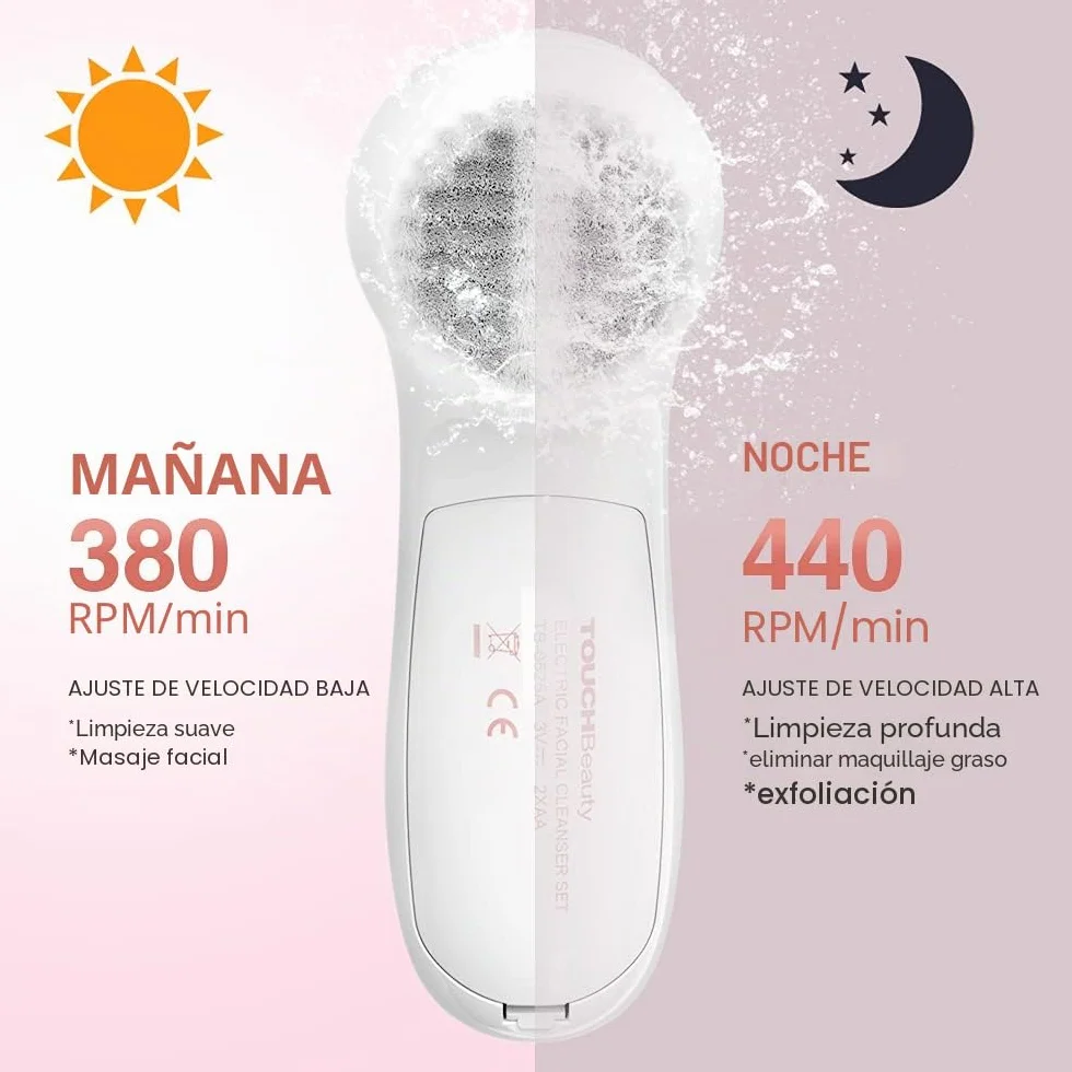 TOUCHBeauty Limpiador Facial Eléctrico 360° Giratorio con 3 Cabezas, 2 Velocidades, Rosa Ópalo