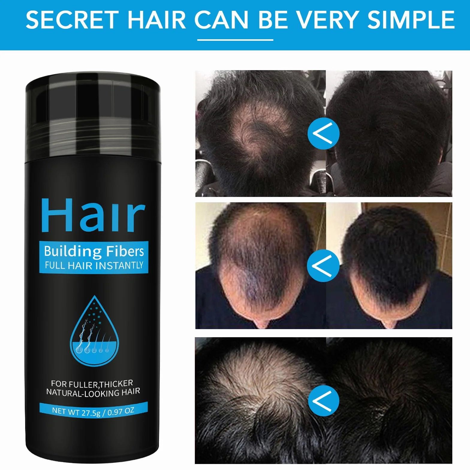 Fibras Capilares Negro 27.5G Fibra Cabello Pérdida Cabello Hombre Mujer