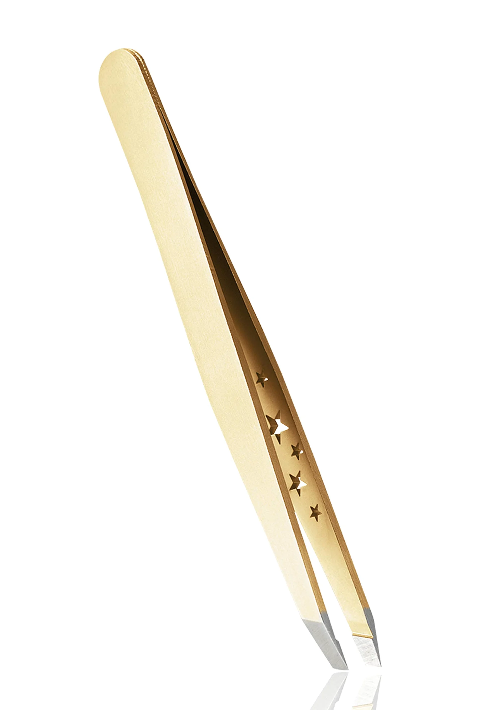 Rubis Prestigious Line - Pinzas profesionales para cejas con revestimiento dorado, punta inclinada, pinzas inclinadas para depilación de cejas y depilación, seis estrellas, color dorado