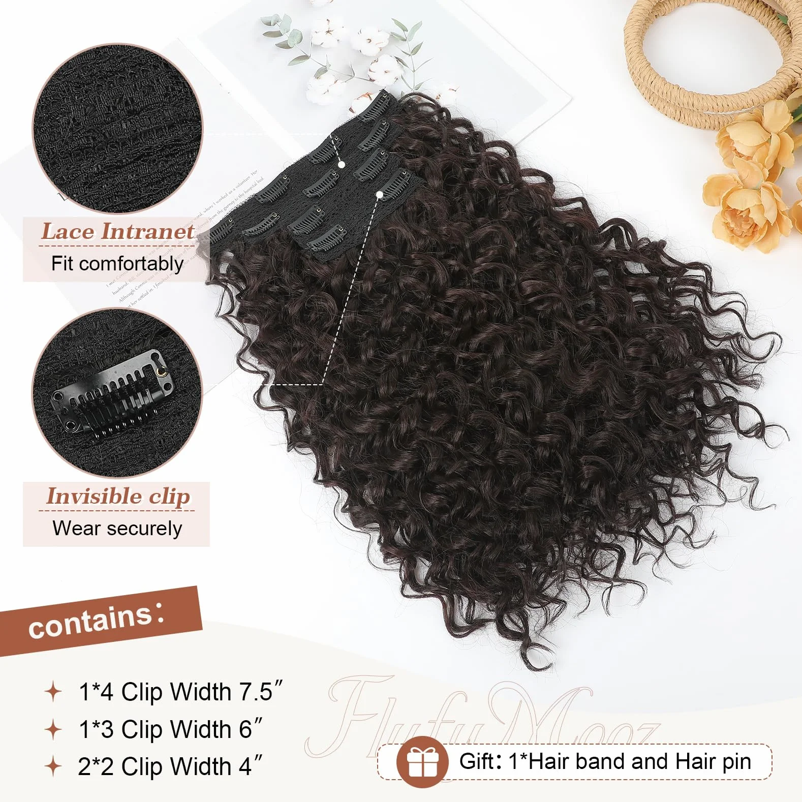 Extensiones de pelo con clip 4 piezas 100% seda de proteínas puras 40 cm rizadas color marrón oscuro