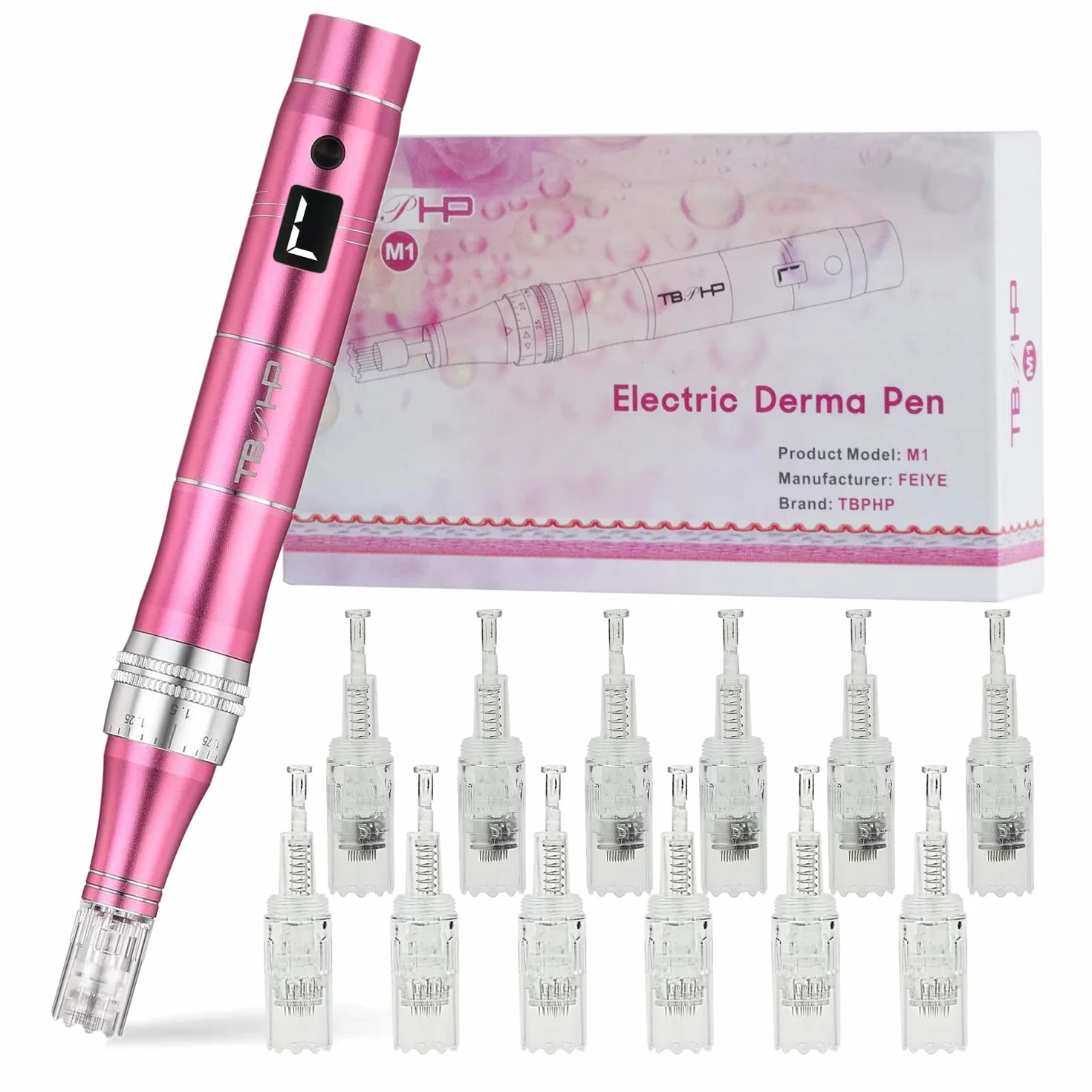 Derma Pen Eléctrico Pantalla LCD 7 Niveles Velocidad 12 Cartuchos Rosa
