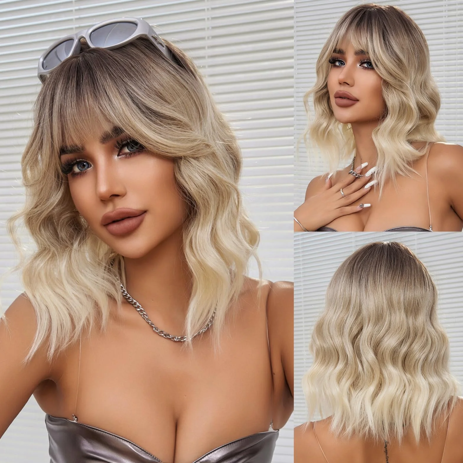 Pelucas Rubias Ombre para Mujer Peluca Corta Ondulada con Flequillo de Pelo Sintético Resistente al Calor