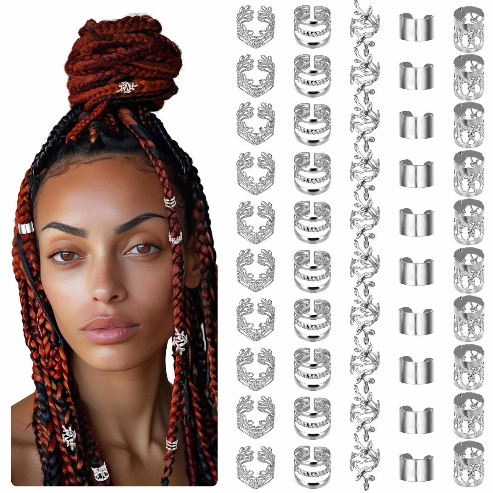 Molain 50 piezas Dreadlocks Joyas para el cabello, cuentas ajustables de metal para festivales