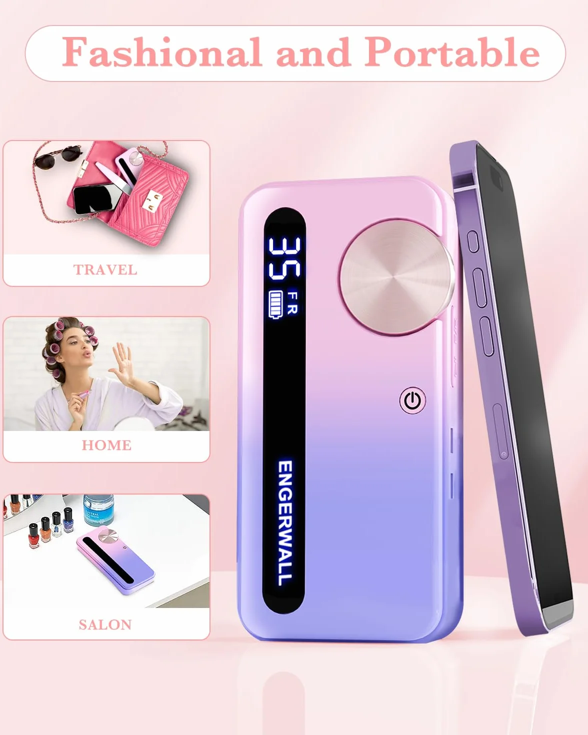Torno para Uñas Profesional 35000 RPM, Lima Eléctrica Inalámbrica Recargable para Uñas de Gel y Acrílico, Pantalla LCD, Kit de Manicura y Pedicura con 7 Brocas y 56 Bandas, Rosa-Azul