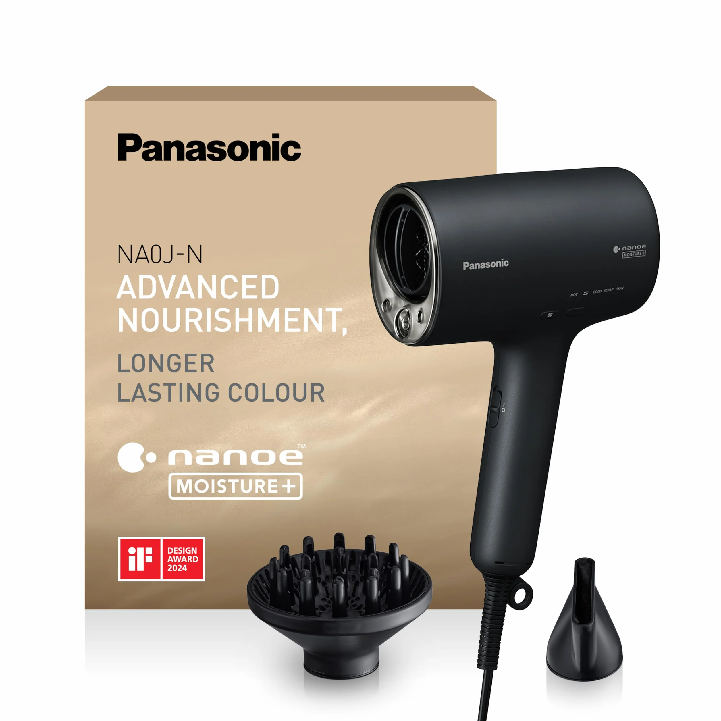 Panasonic EH-NA0J-N825 Nanoe MOISTURE+ y Secador de Cabello Mineral, if Desing Award, Detección Inteligente, Calor y Frío, Modos Cuidado de la Piel, Cuero Cabelludo y Puntas, 1600 W, Negro