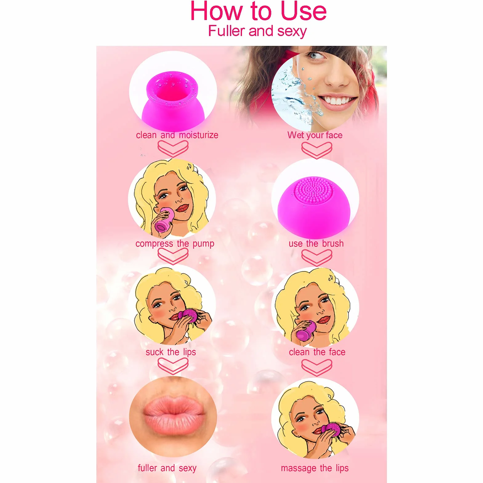 Herramienta de silicona suave para relleno de labios, cepillo de labios natural, dispositivo de boca sexy (rosa)