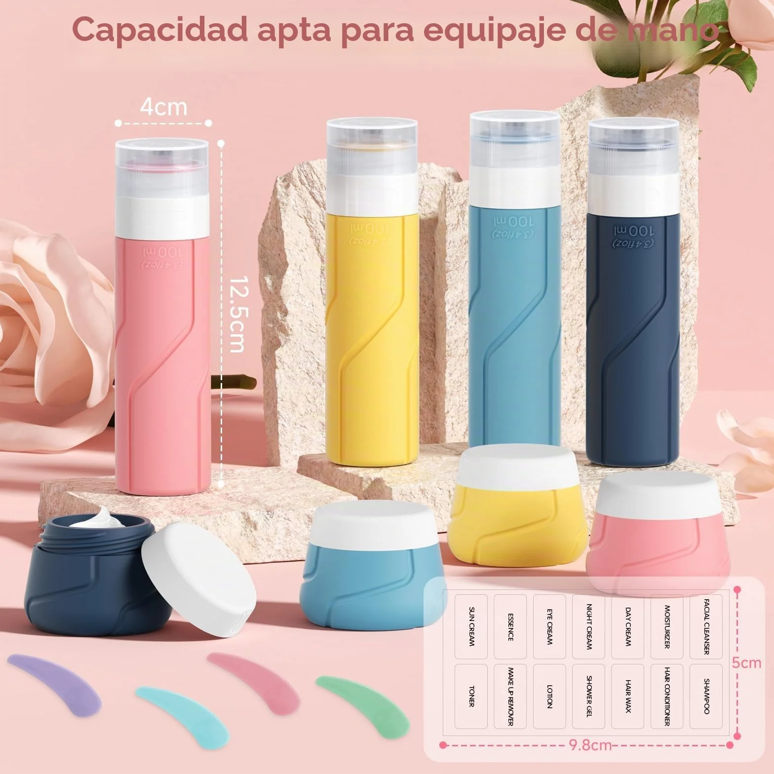 Alyvisun Juego de 14 Botes Viaje Rellenables Silicona, Botellas 100 ml y Tarros 30 ml a Prueba de Fugas