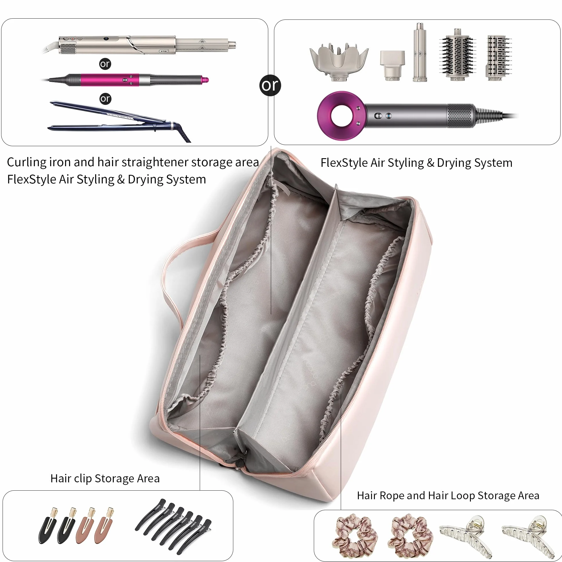 Veki Bolsa de Viaje Portátil para Secador de Pelo, Almacenamiento Compatible con Dyson Airwrap, Supersonic y Shark, Funda Transporte Rosa