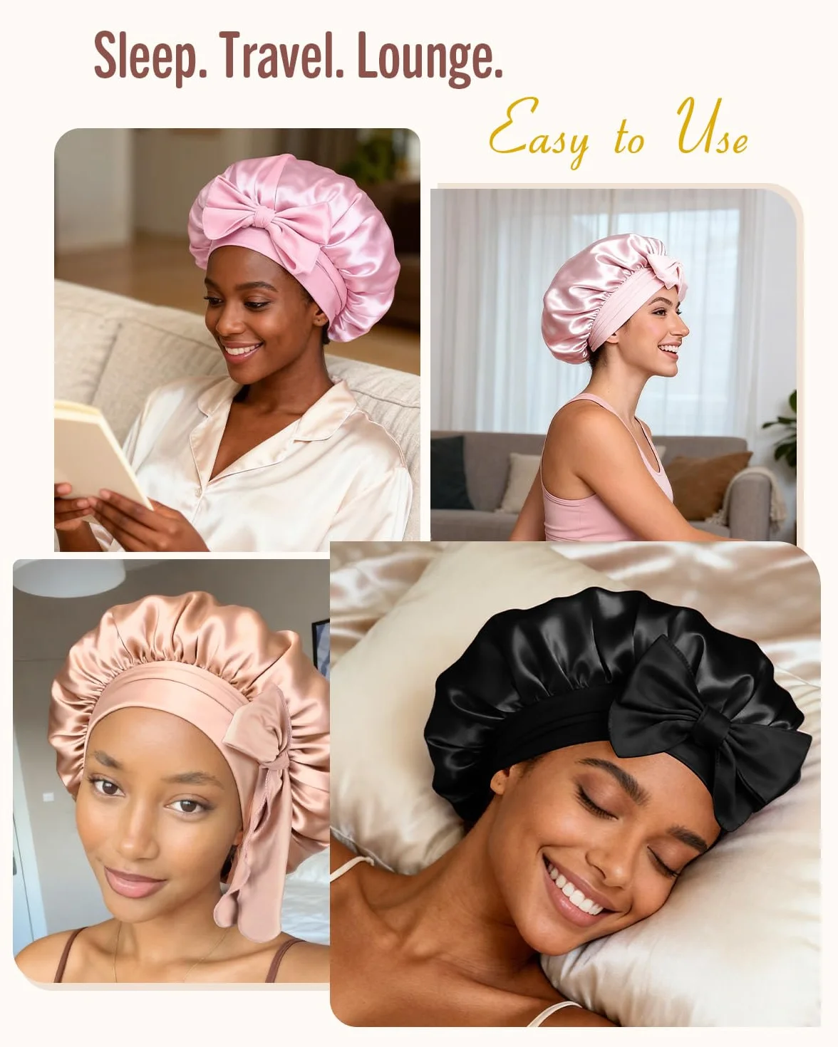 BONNET QUEEN Gorro de Seda para Dormir Ajustable Satin Pelo Rizado con Cintas Largo
