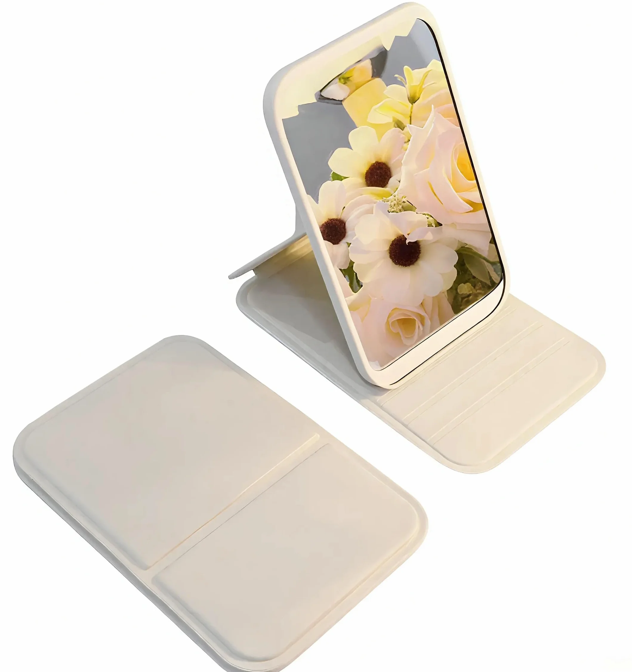 Espejo de Viaje Portátil Plegable Compacto con Soporte, Mini Espejo de Maquillaje para Bolsillo y Bolso
