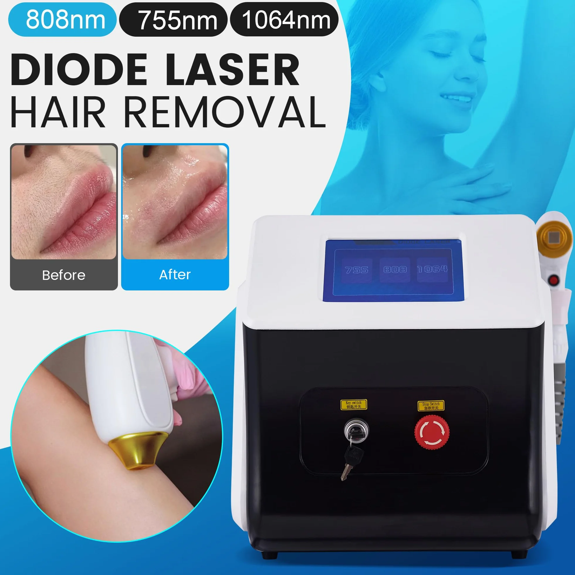 Depilación láser de diodo de 808 nm con 3 longitudes de onda | Piel suave, apto para rostro y cuerpo, 3 piezas de mano intercambiables, ideal para el hogar y salones de belleza
