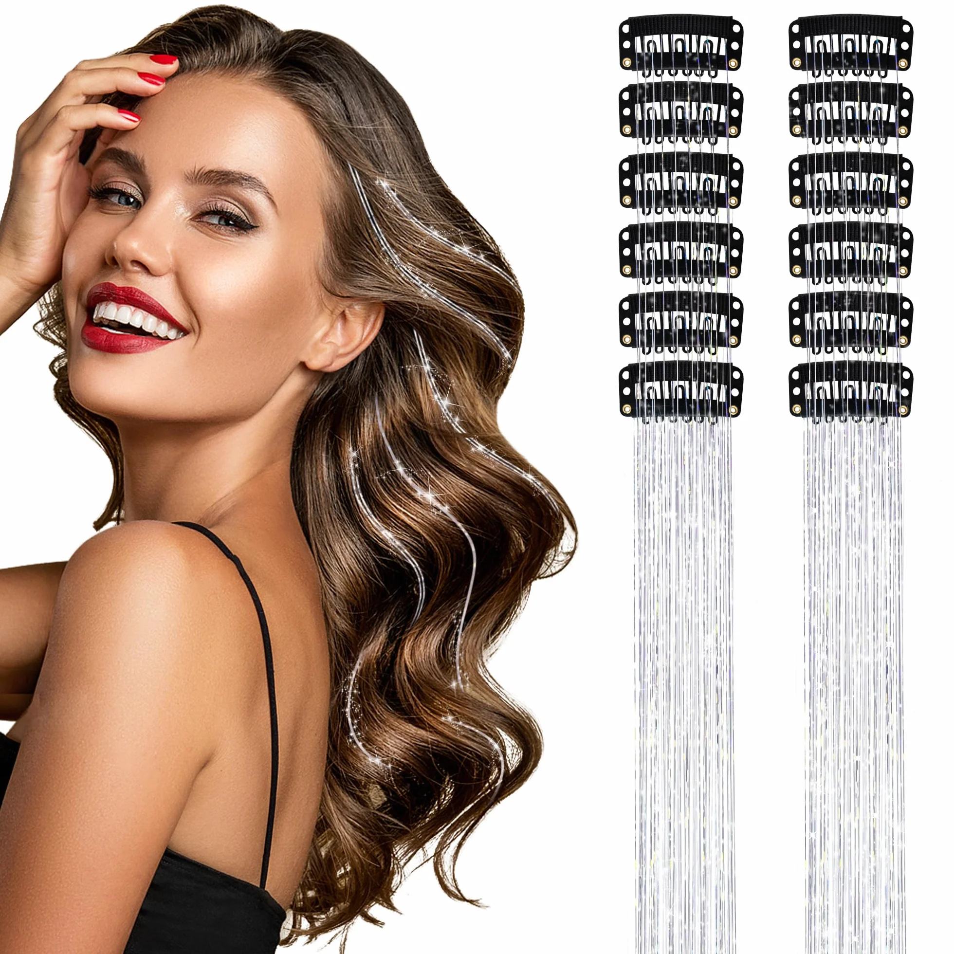 Extensiones de Cabello de Oropel de Hadas 12 Piezas, Accesorios Brillantes de Moda para Mujeres y Niñas - Plata