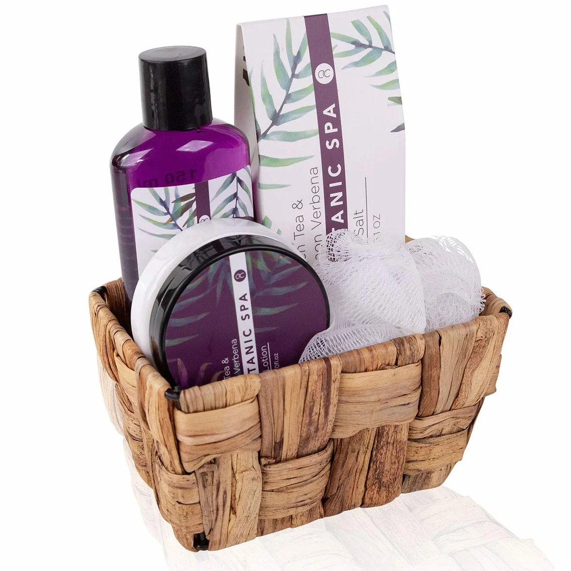 Accentra Botanic SPA Set de Baño Mujer Cesta Hierba Marina Kit Tratamiento 4 Piezas Gel Ducha Sales Baño Loción Corporal Esponja Malla Regalo Bienestar