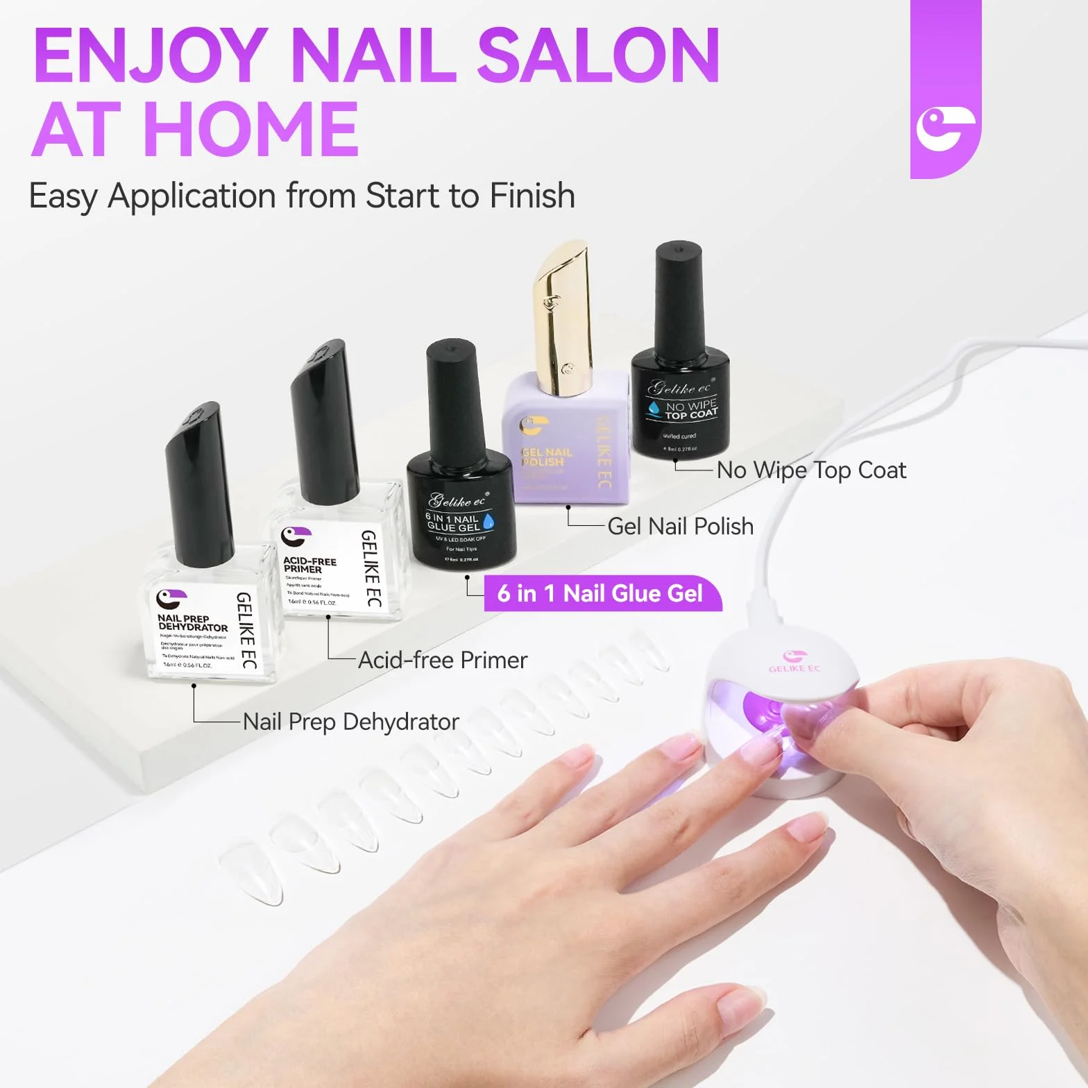 Gelike Pegamento Uñas Postizas Super Fuerte 6 en 1 Acrilicas Claro Tips Uñas A Presión Necesita Curar UV Lámpara 8ml