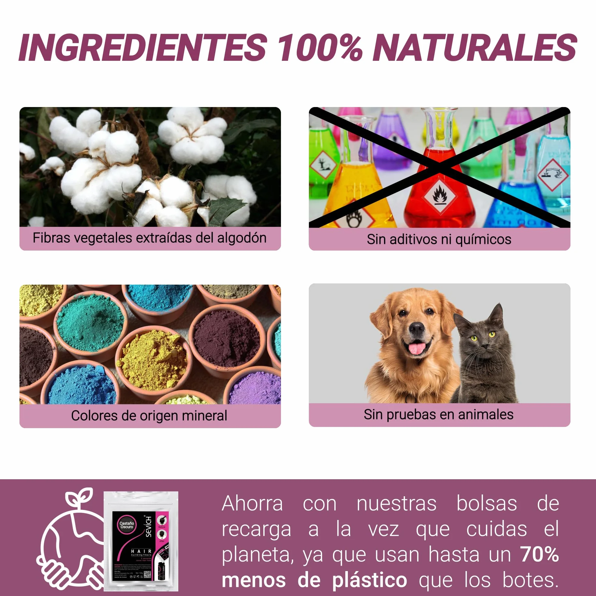 Bolsa Recarga Fibras Capilares Castaño Oscuro 100g 100% Natural para Disimular Calvicie y Alopecia