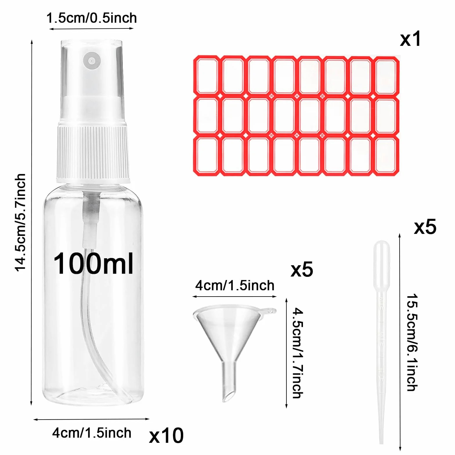 Botella de spray vacía 10 piezas 100 ml pulverizador perfume champú con embudos goteros etiqueta