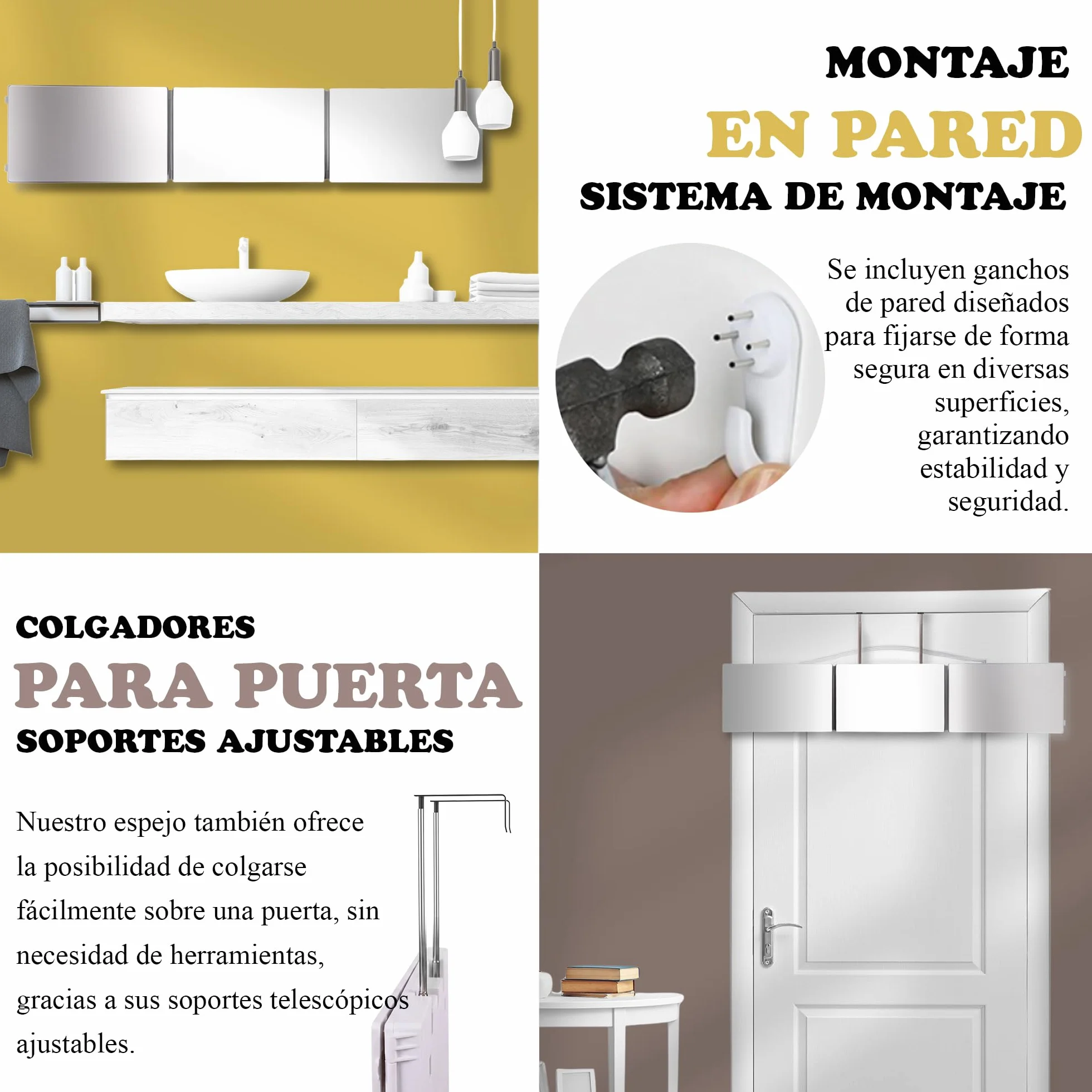 Espejo de 360 grados plegable 3 lados para peluquería, altura ajustable con ganchos