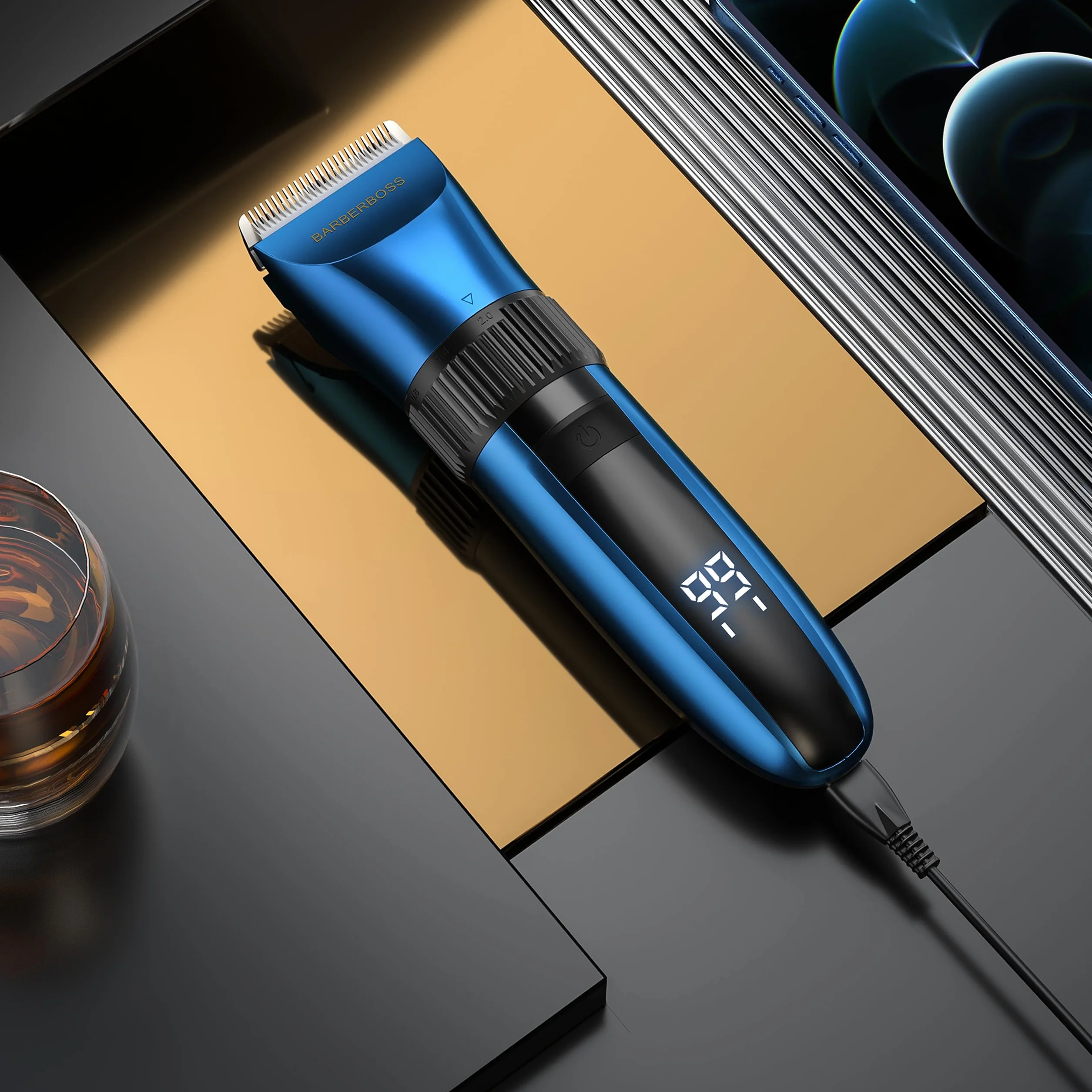 BarberBoss Recortadora de barba y pelo inalámbrica autoafilable, resistente al agua con cuchillas de cerámica, pantalla LED