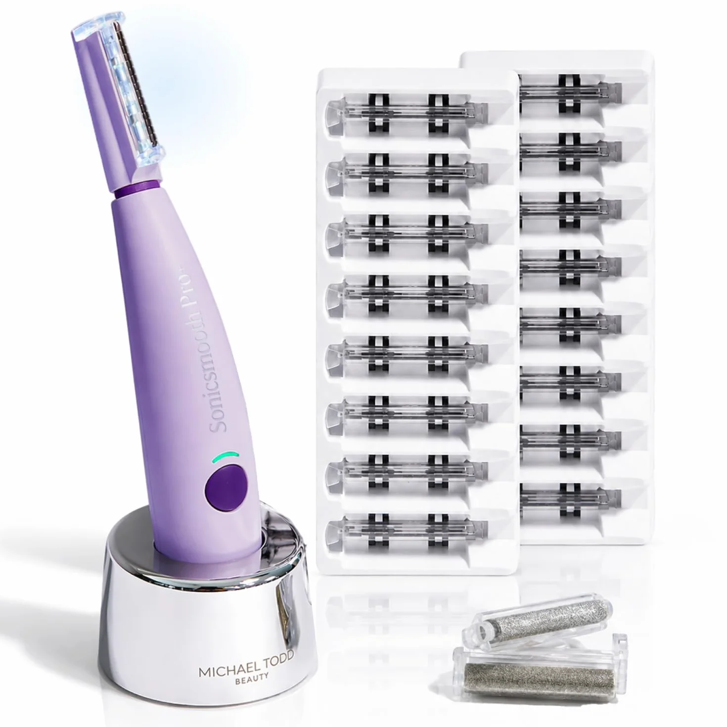 Michael Todd Beauty Sonicsmooth Pro+ Dermaplane - Maquinilla de afeitar para mujer con sistema de dermaplaning de corte de cejas y cara con luz LED, removedor de pelusas de melocotón, 16 cuchillas de